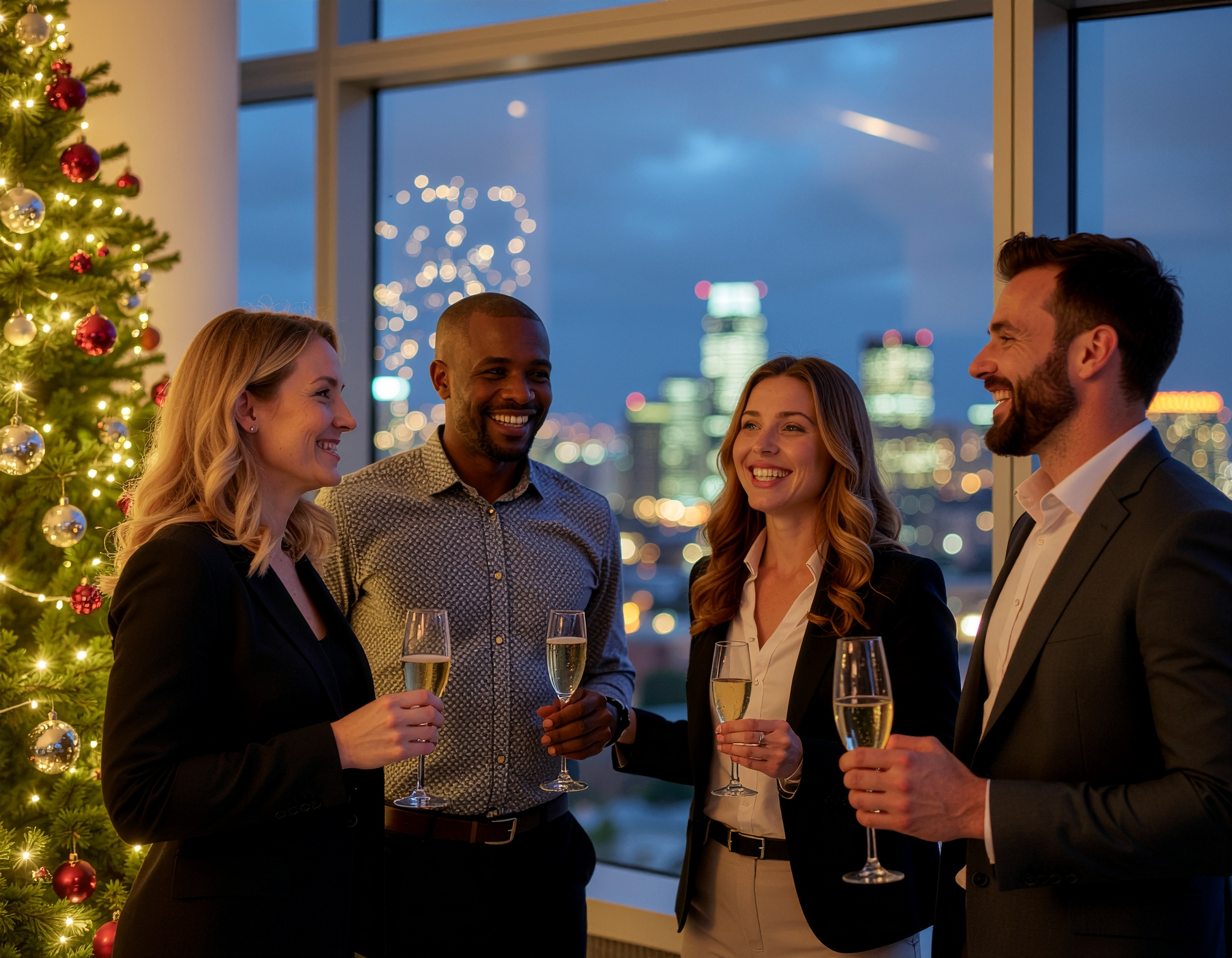 Grupo de quatro pessoas elegantemente vestidas em uma celebração noturna, segurando taças de champanhe ao lado de uma árvore de Natal iluminada, com uma vista urbana ao fundo. A iluminação suave e o brilho das luzes criam uma atmosfera festiva e calorosa, com foco nítido nas expressões contentes dos participantes. A cena é capturada em um ambiente moderno com janelas amplas que revelam um céu noturno vibrante e edifícios iluminados, compondo uma imagem de elegância e alegria sazonal.