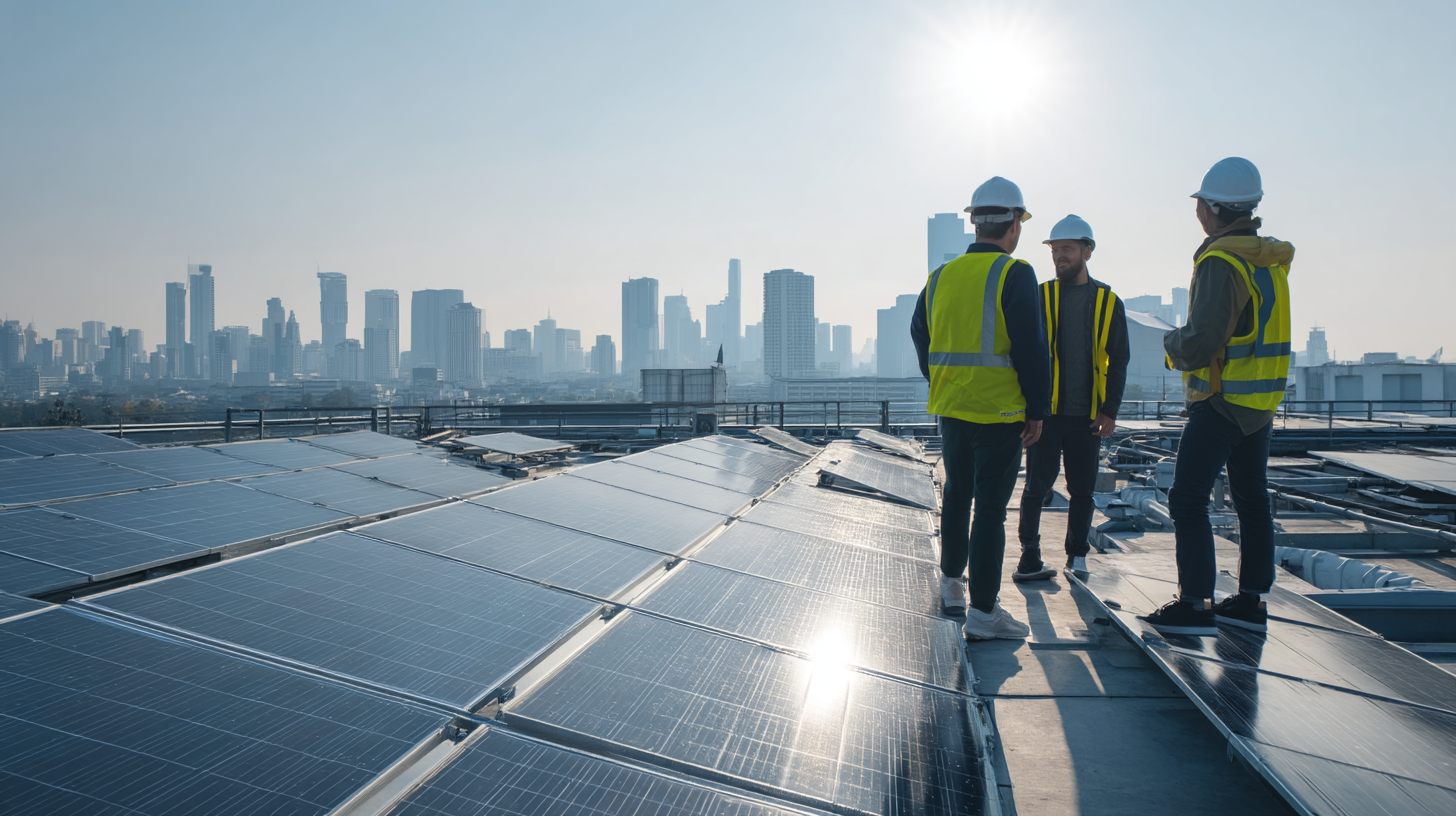 Três trabalhadores de construção civil em um telhado com painéis solares, discutindo e observando a cidade ao fundo, sob um céu claro e ensolarado. A imagem destaca a importância da energia solar e a sustentabilidade em ambientes urbanos.