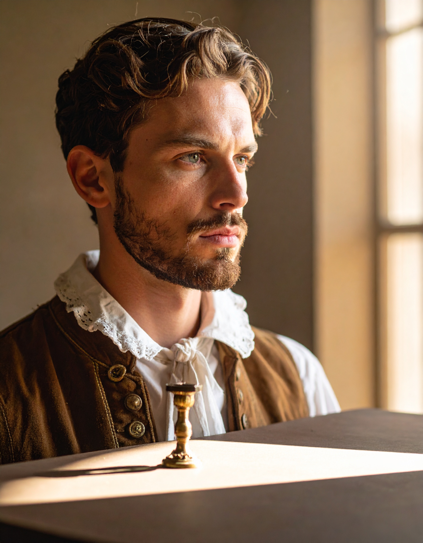 A man in Renaissance attire stands by a window with soft sunlight illuminating his face