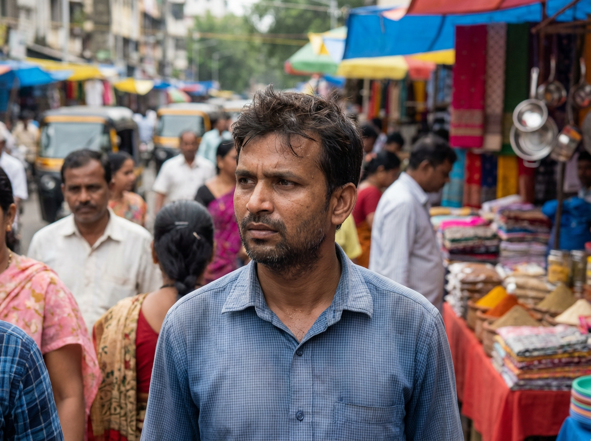 A bustling street market filled with colorful stalls and diverse shoppers