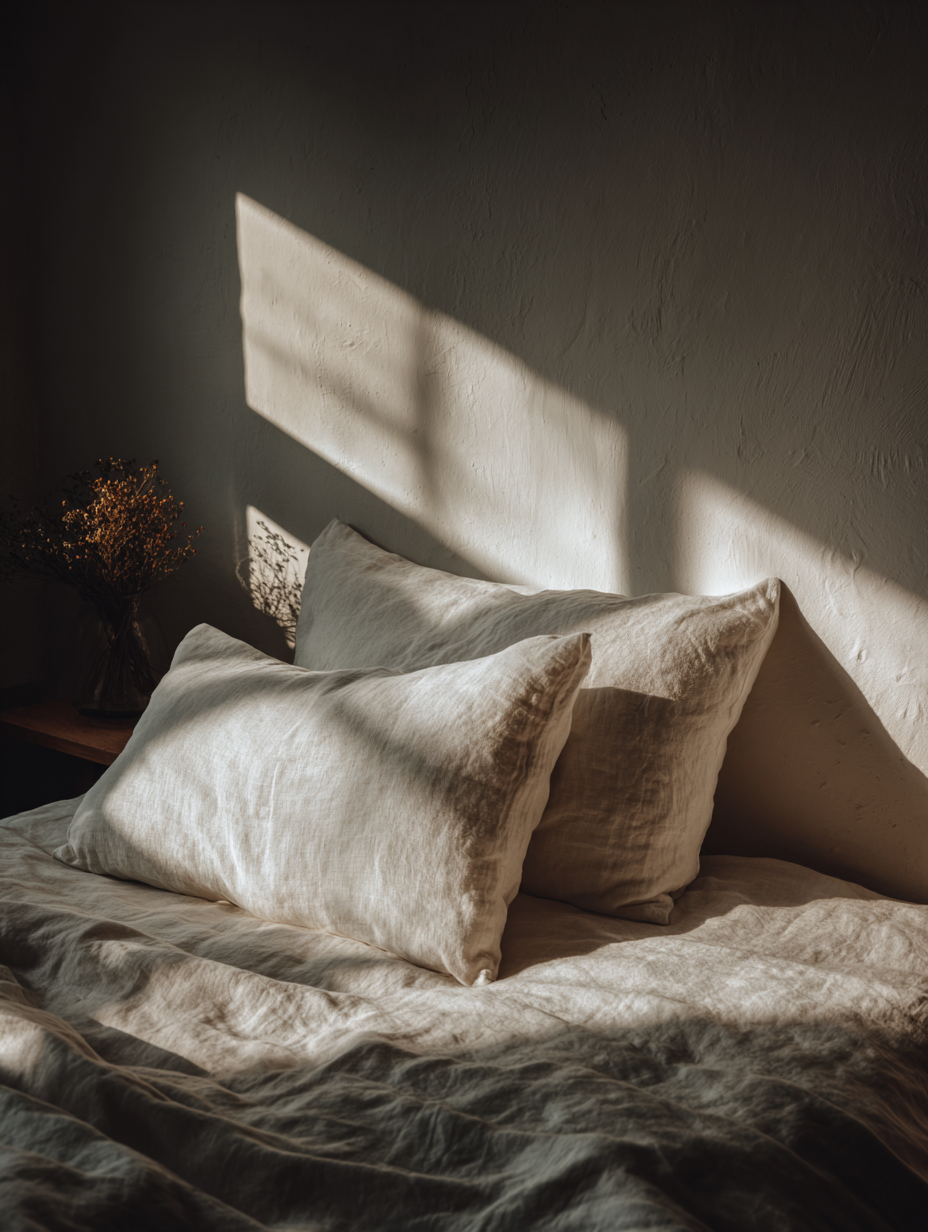 Uma cama com lençóis e travesseiros de linho em tons neutros, iluminada por uma luz suave e quente projetada por uma janela. A composição minimalista destaca a textura do tecido, criando uma atmosfera serena e aconchegante. O foco está nos detalhes das dobras no tecido, com sombras sutis que adicionam profundidade e dimensão à cena.