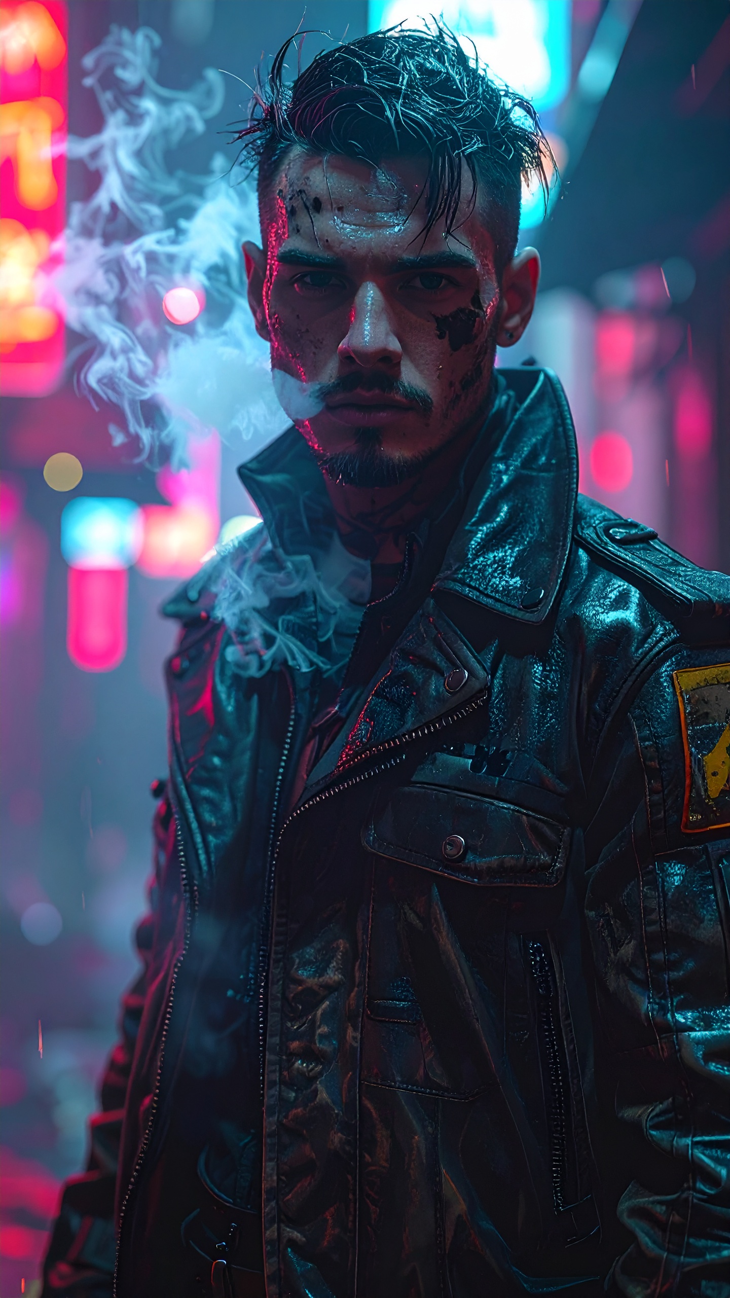 A man in a leather jacket stands amid neon lights and smoke, exuding a cyberpunk vibe