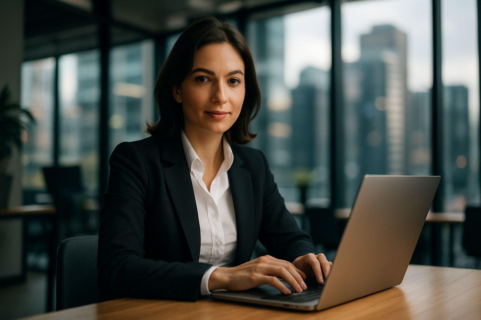 Woman in Modern Office Typing on Silver Laptop
