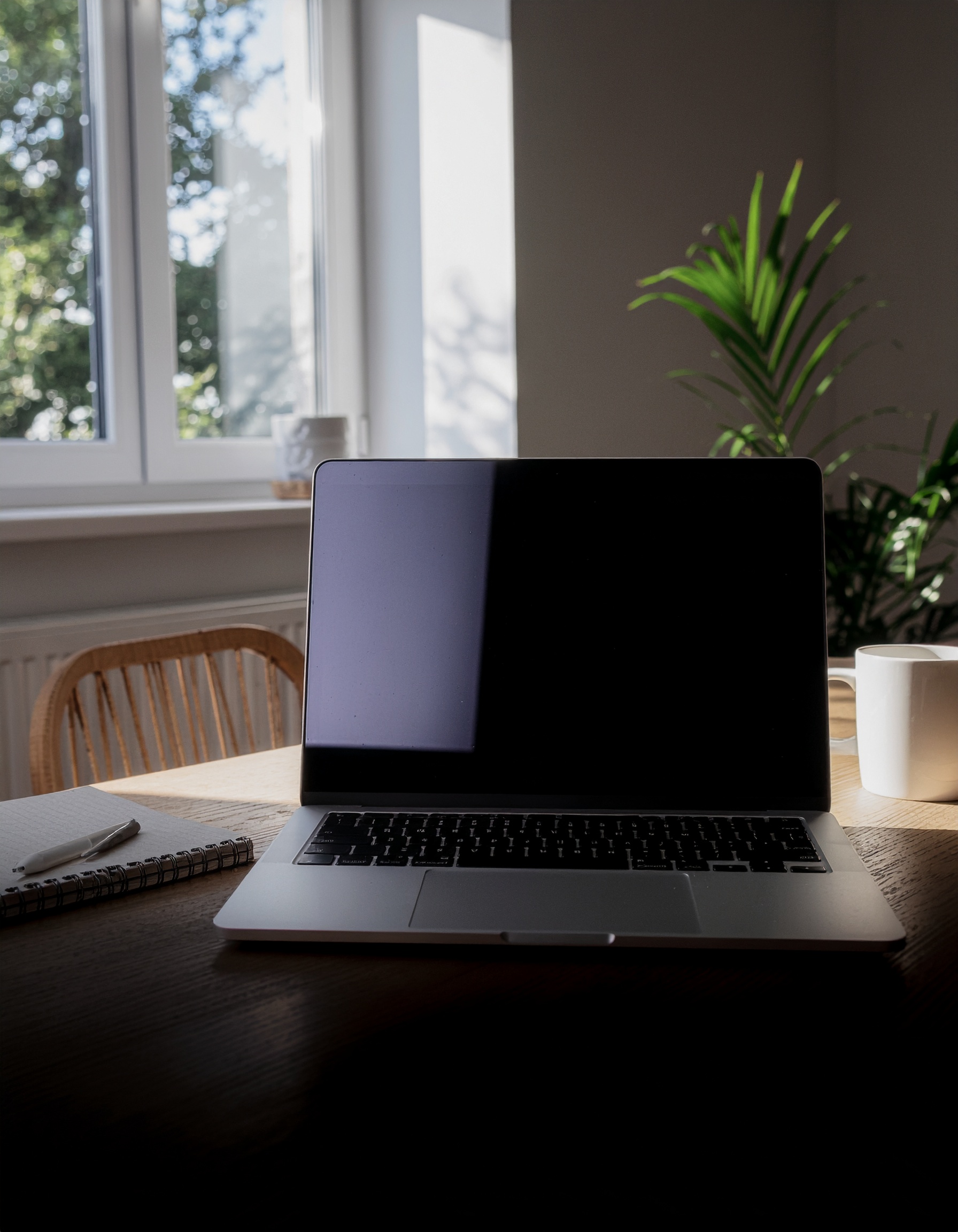 A luz suave da manhã ilumina um notebook sobre uma mesa de madeira, criando uma atmosfera de tranquilidade e foco em um escritório caseiro minimalista com plantas verdes ao fundo.