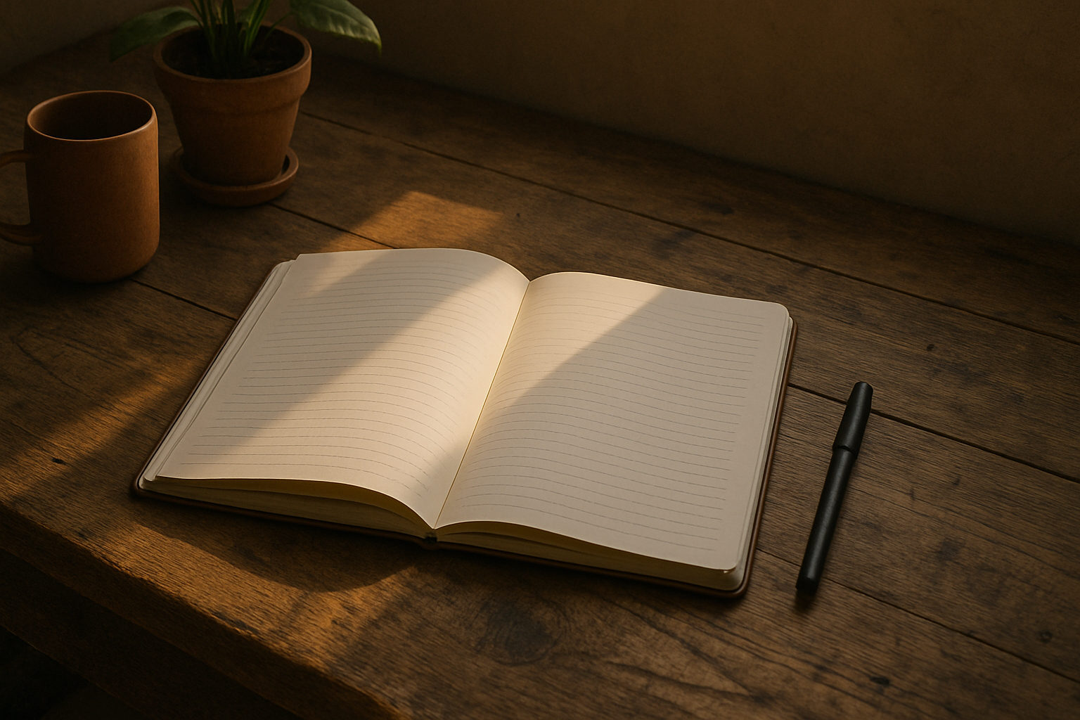 Uma mesa de madeira rústica com um caderno aberto, um caneta preta ao lado e uma xícara de café. A luz suave do sol ilumina a cena, destacando as páginas em branco do caderno, ideal para anotações ou journaling.