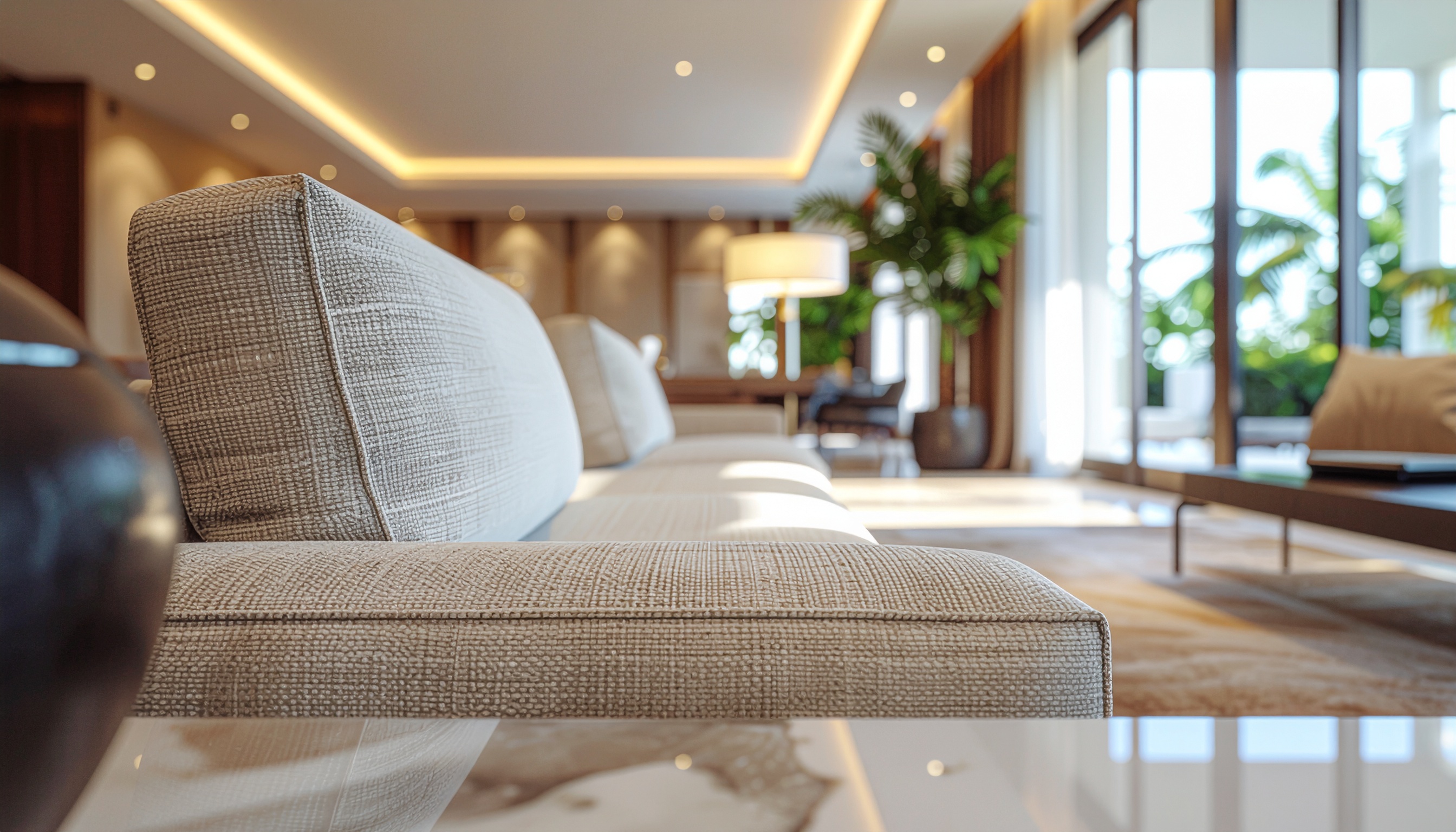 Sala de estar moderna e espaçosa com sofá cinza claro em primeiro plano, iluminação suave e janelas de vidro grandes proporcionando luz natural abundante. O ambiente inclui plantas decorativas e móveis minimalistas, criando uma atmosfera acolhedora e sofisticada. A composição destaca profundidade e clareza, com foco no tecido texturizado do sofá.