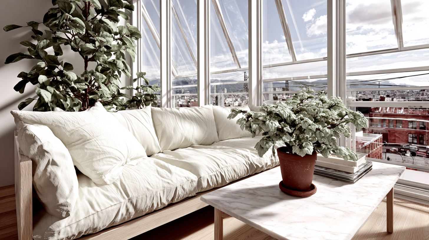 Sala de estar iluminada por luz natural, destacando um sofá branco confortável ao lado de uma mesa de mármore. Plantas em vasos adicionam frescor ao ambiente. As janelas amplas oferecem vista panorâmica da cidade e montanhas ao fundo, criando uma atmosfera tranquila e moderna. A composição é bem equilibrada com foco nas texturas suaves e linhas limpas.