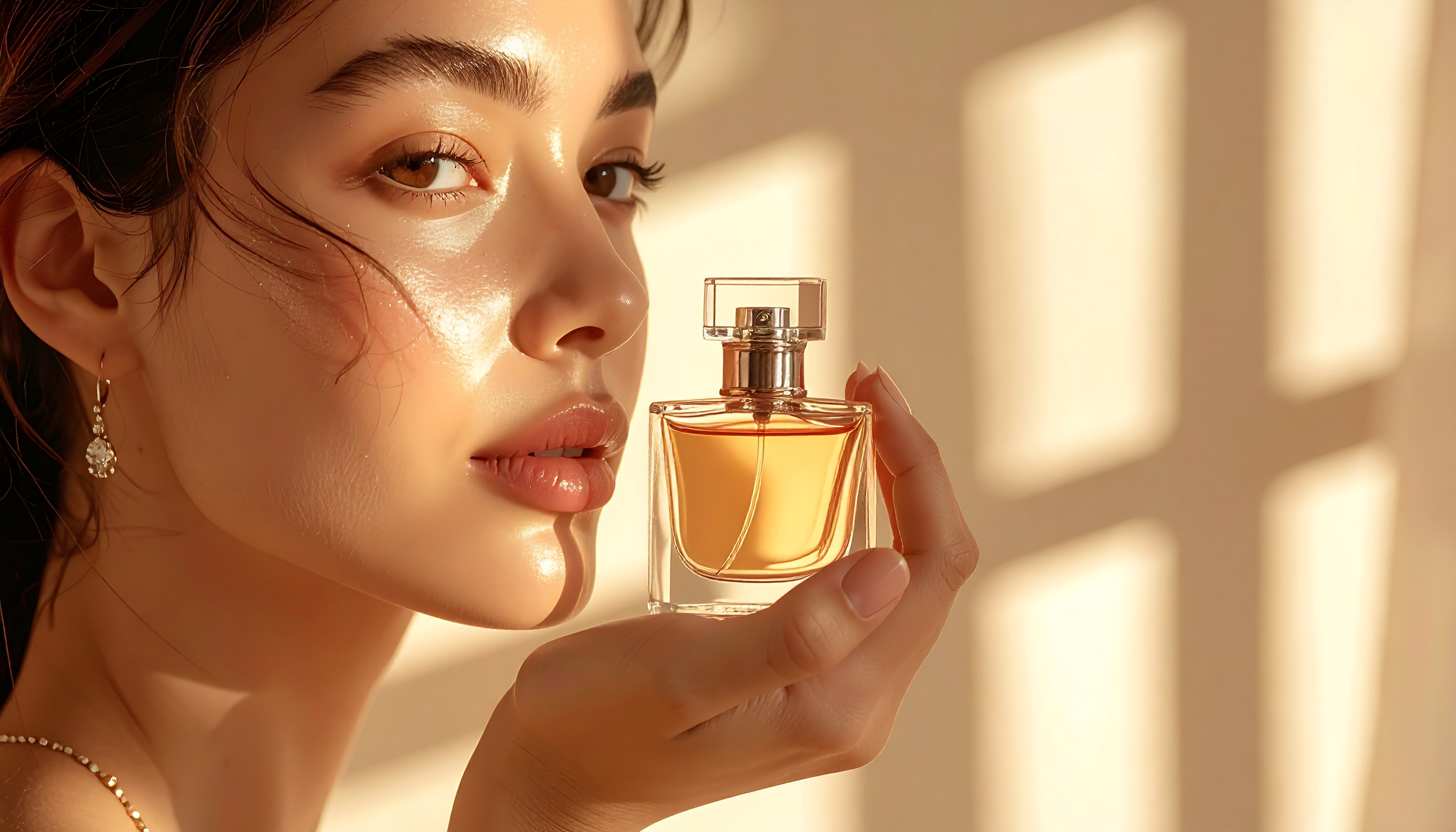 Retrato de perfil de uma mulher segurando um frasco de perfume em ambiente iluminado por luz suave e quente, criando uma atmosfera elegante e serena. A composição destaca a textura da pele e os detalhes do frasco de perfume, com foco nítido no rosto e na mão da modelo.