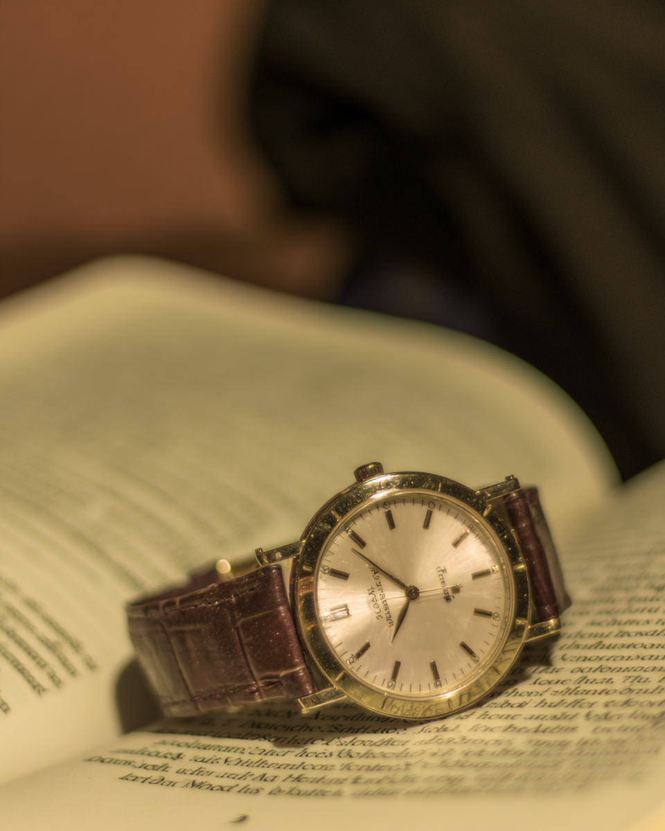 Relógio clássico com pulseira de couro marrom repousa sobre páginas de livro aberto, sob luz suave e quente, criando um contraste interessante entre o dourado do metal e o texto impresso, com foco seletivo destacando o mostrador.