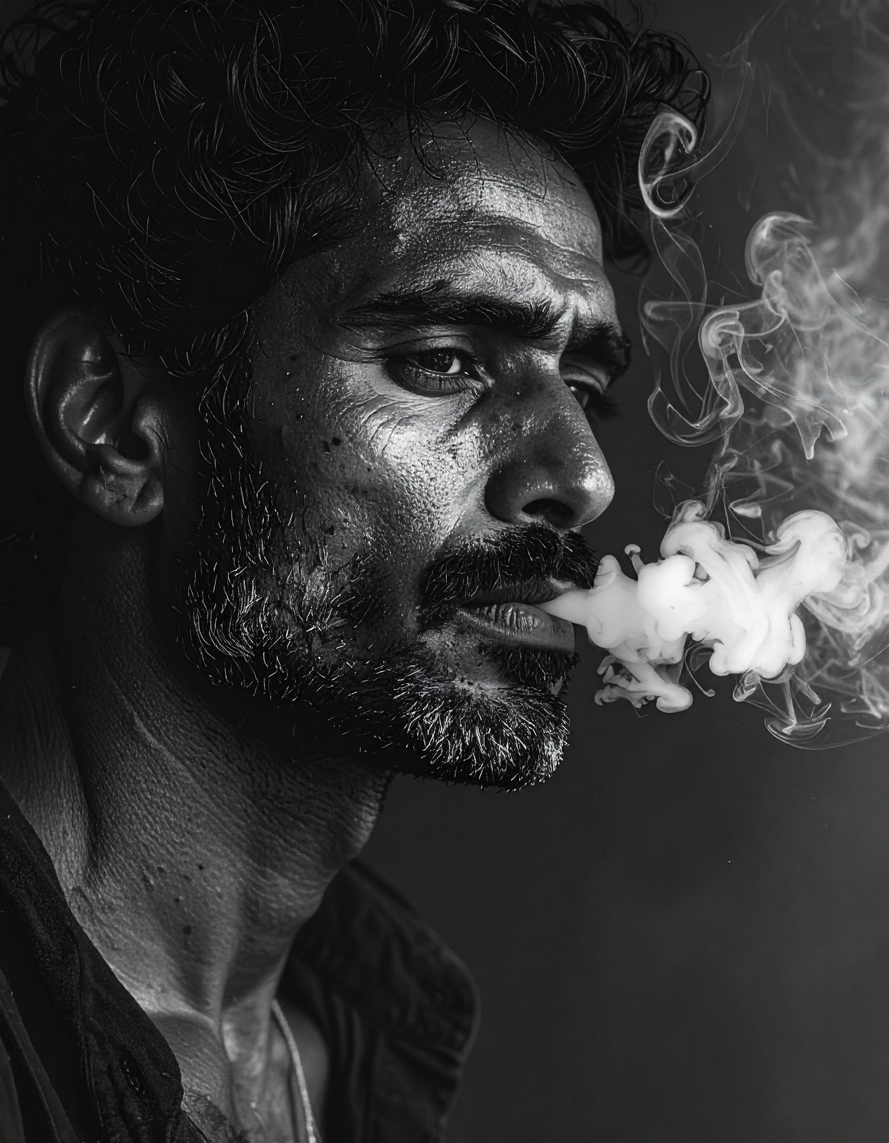 A contemplative man exhales smoke in a dramatic black-and-white portrait