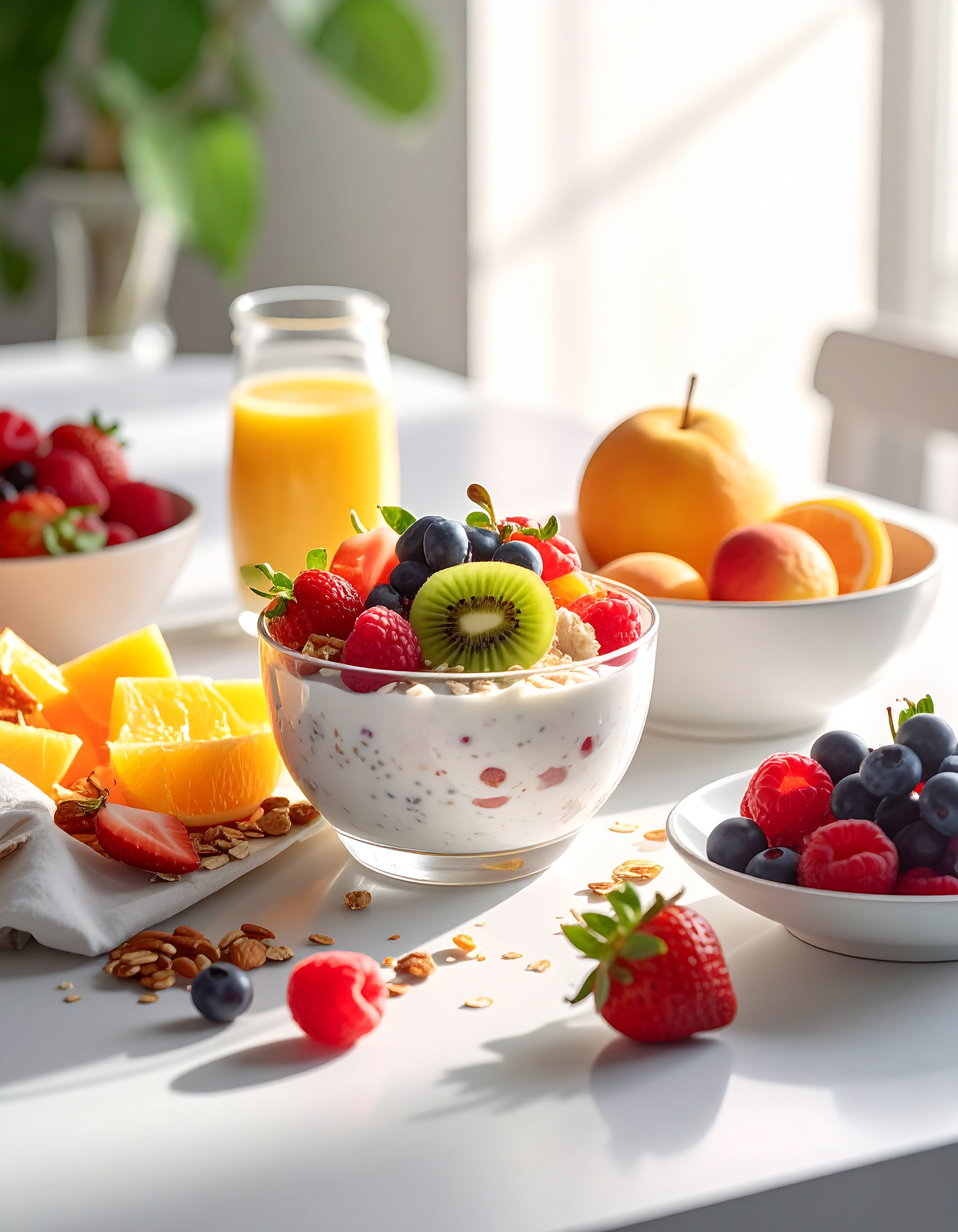 Natural Light Breakfast Table with Fresh Fruit Yogurt