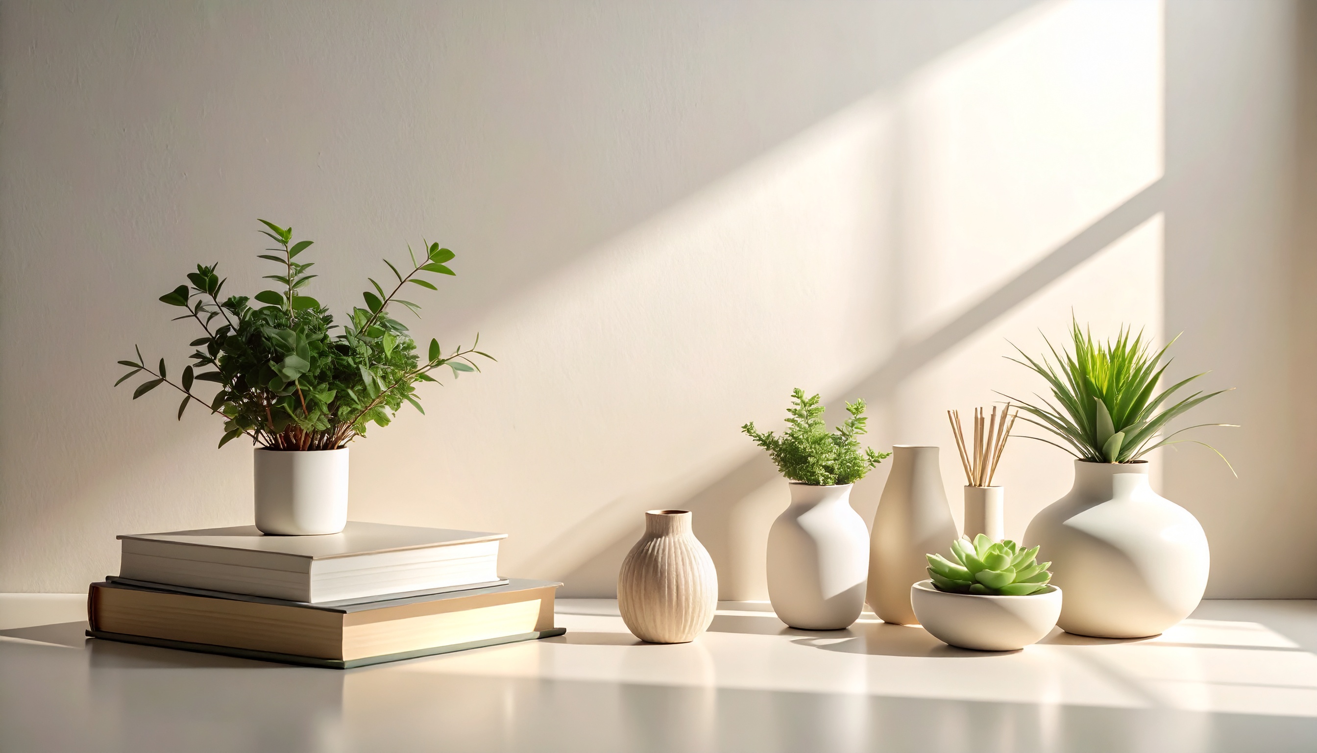 Minimalist Arrangement with White Vases and Green Plants