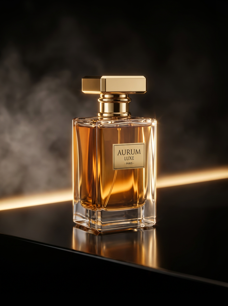 Luxurious perfume bottle with a golden hue exudes elegance on a sleek surface