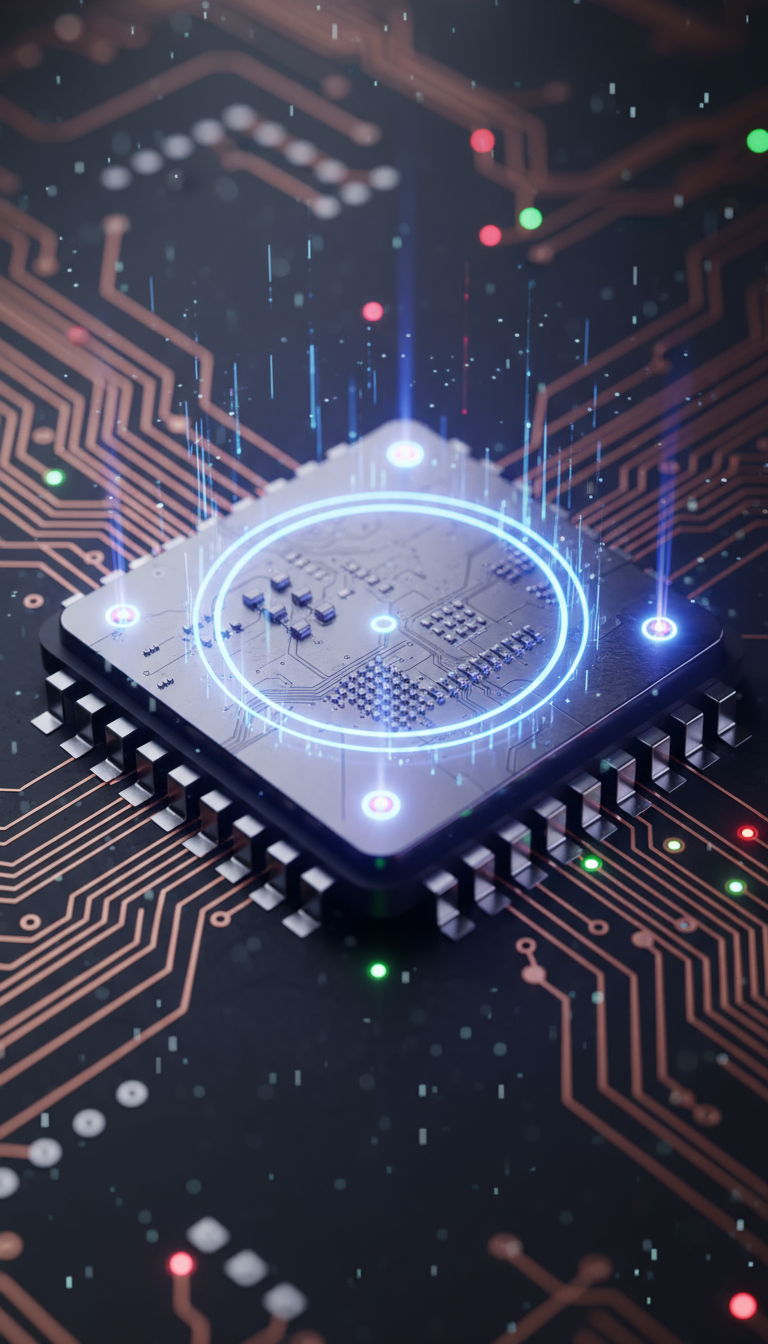 Imagem de um microchip futurista com iluminação azul neon em destaque sobre uma placa de circuito impresso. O design apresenta trilhas complexas e detalhes intrincados, com um efeito de luz holográfica que adiciona um toque de tecnologia avançada e inovação. A composição é centrada, com foco nítido no chip, criando uma atmosfera de modernidade e avanço tecnológico.