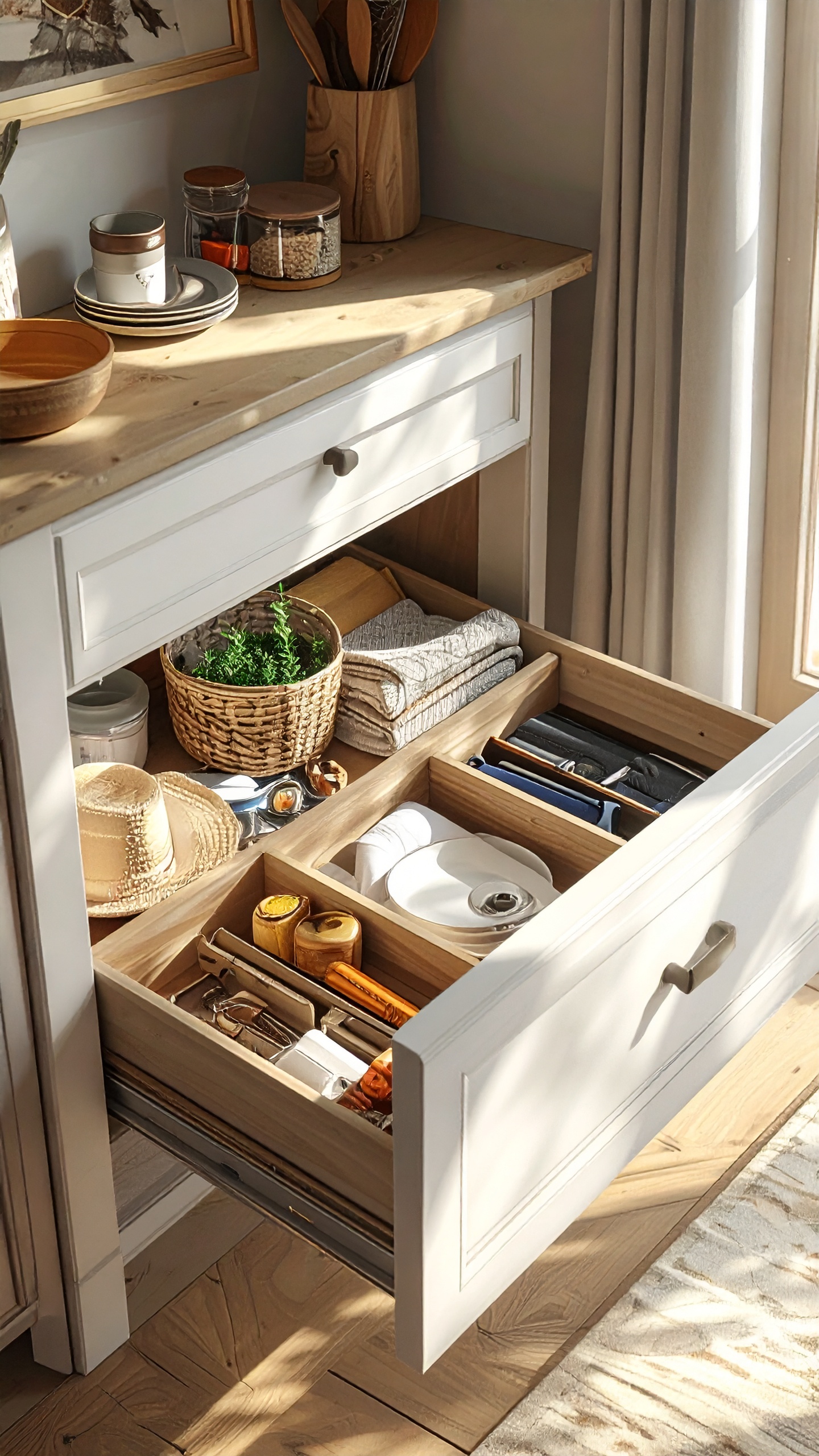 A rustic kitchen drawer organizer is beautifully structured within a wooden cabinet