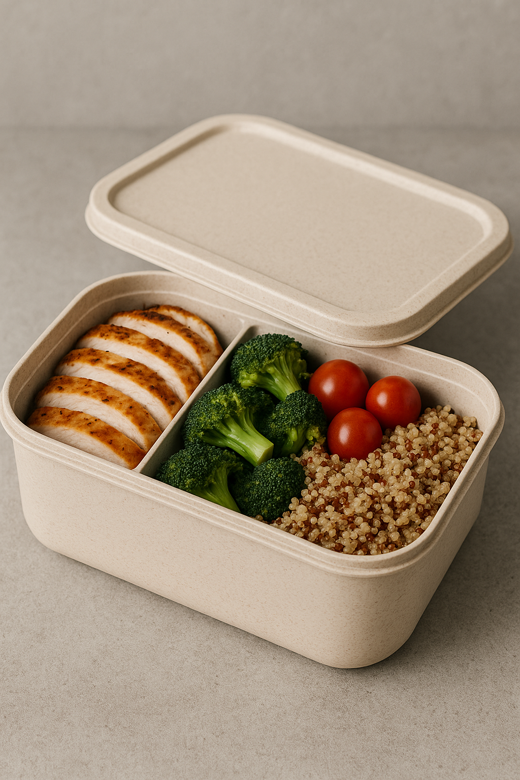 Marmita de plástico bege com divisórias exibindo uma refeição saudável composta por fatias de frango grelhado, brócolis verde, tomates cereja vermelhos e quinoa, em uma composição minimalista e bem organizada sobre um fundo neutro, com iluminação suave destacando as texturas e cores dos alimentos.