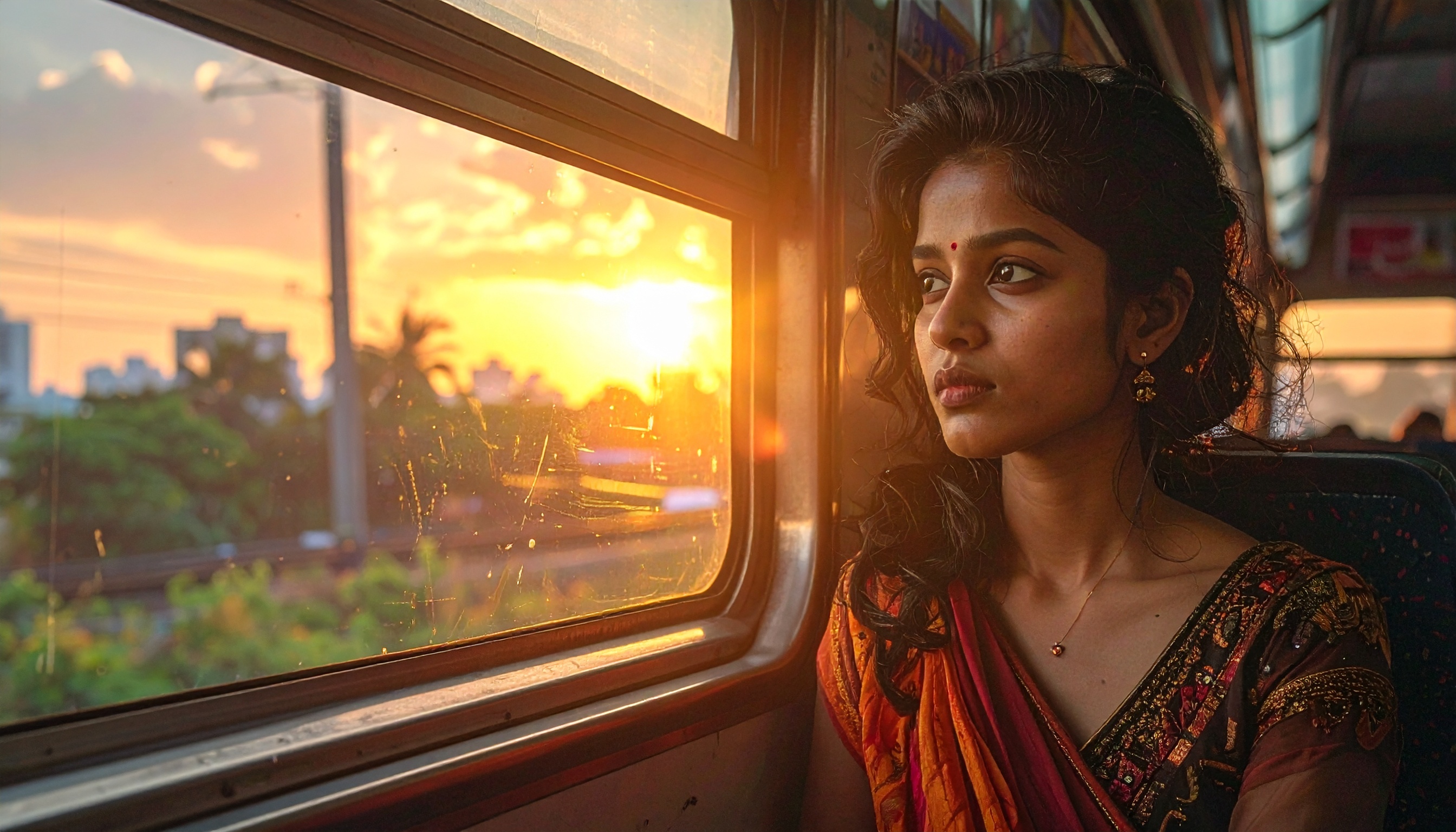 A woman in a traditional outfit gazes out a train window at a vibrant sunset