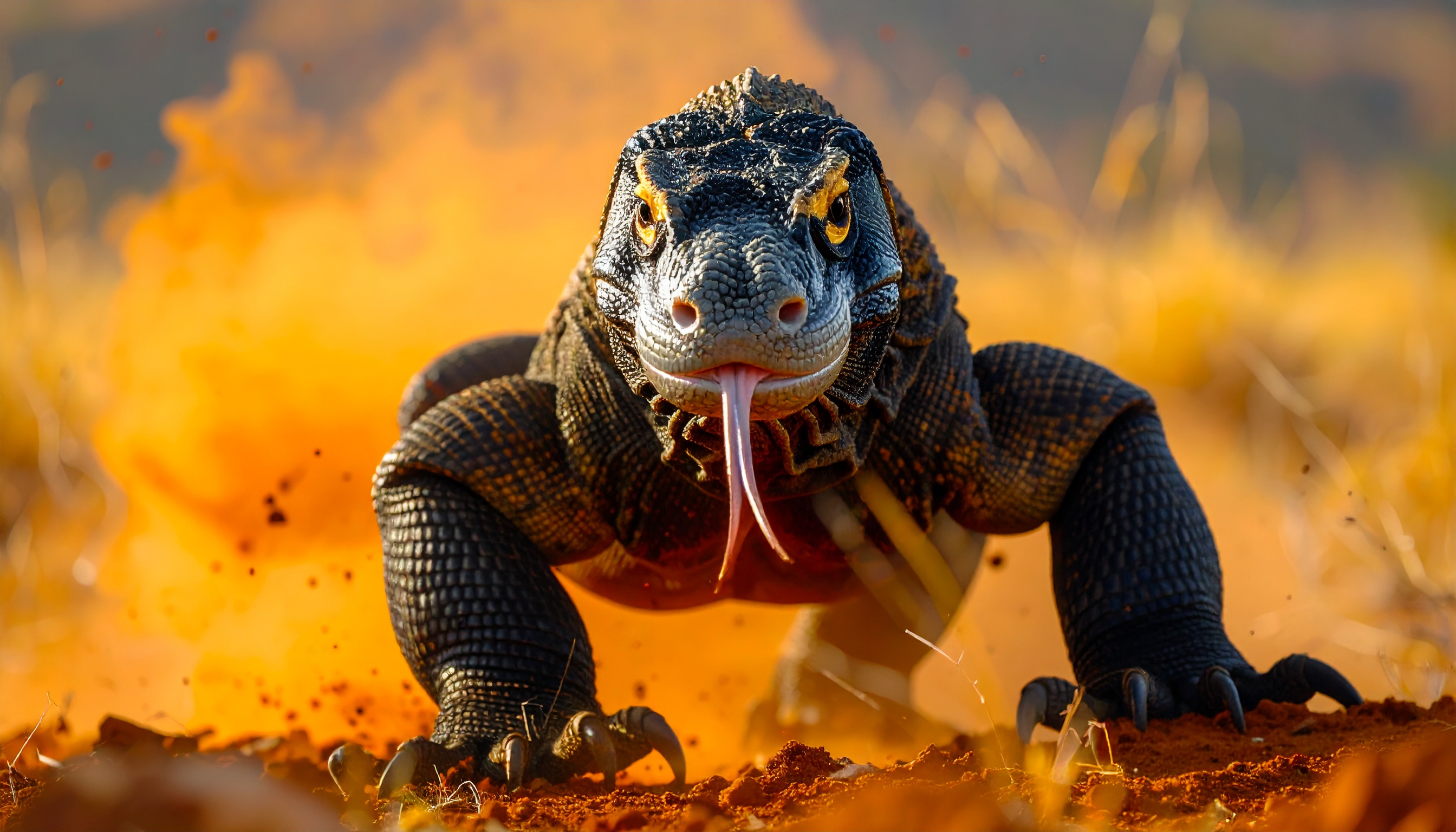 A Komodo dragon stands poised against a vibrant, fiery backdrop