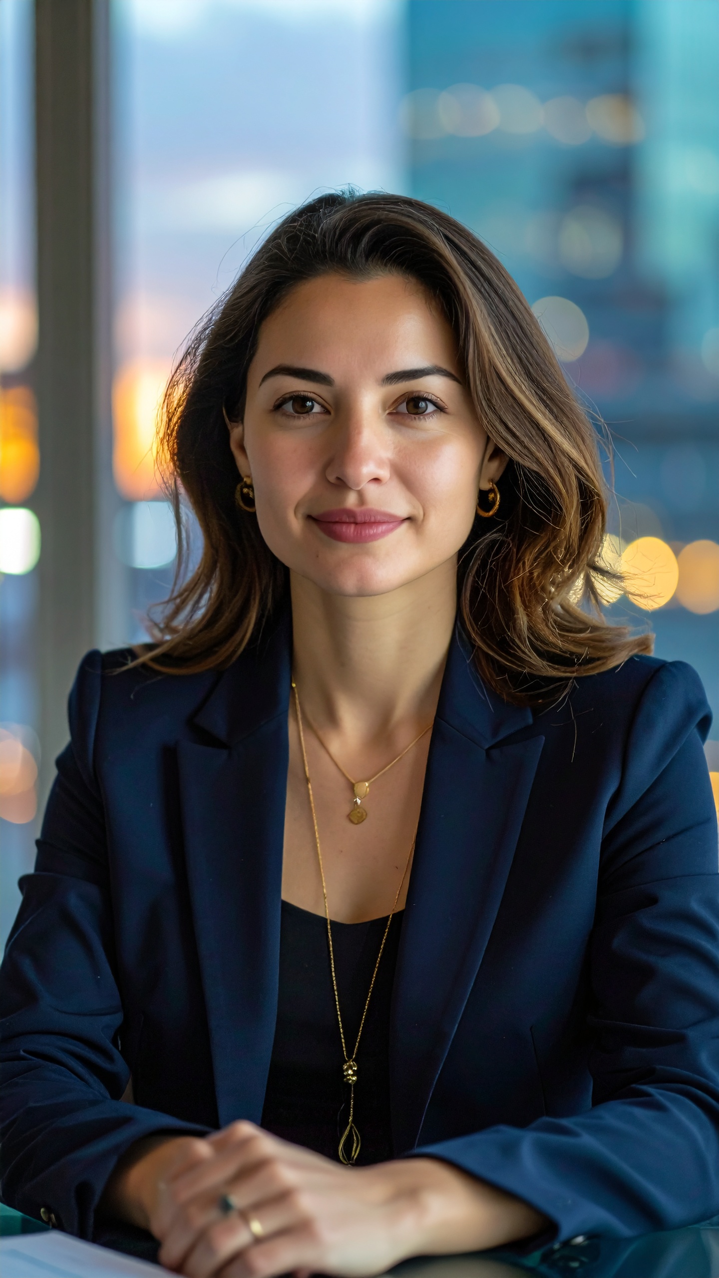 A professional woman in a navy blazer is sitting confidently with a cityscape background