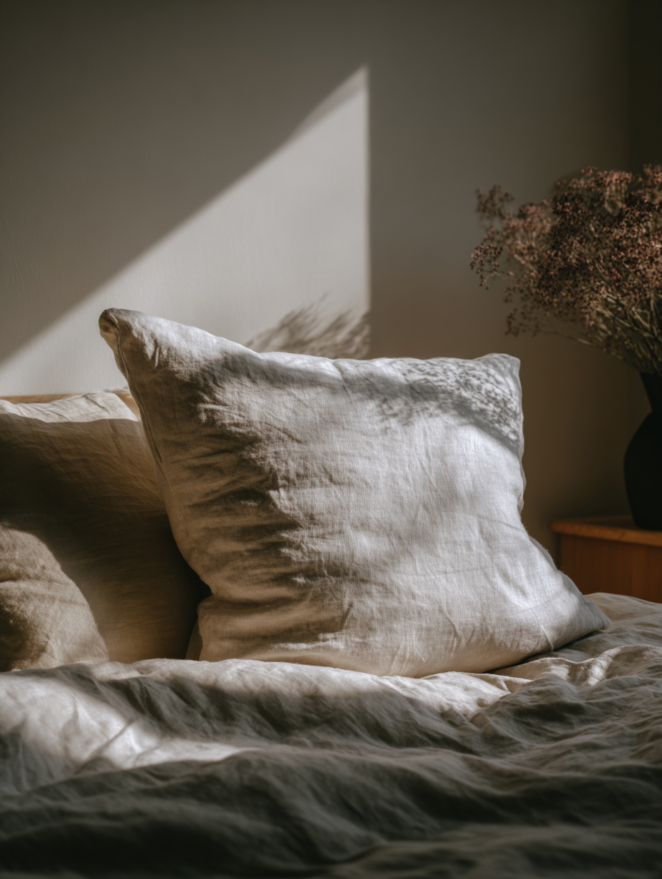 Cena tranquila de um quarto iluminado pela luz suave da manhã, com travesseiros de linho bege sobre a cama. A composição minimalista e a iluminação natural criam uma atmosfera serena e acolhedora, com sombras projetadas na parede adicionando profundidade e textura. O arranjo floral seco em um vaso escuro complementa o tom terroso da cena, enquanto o ângulo frontal captura a simplicidade elegante do ambiente.