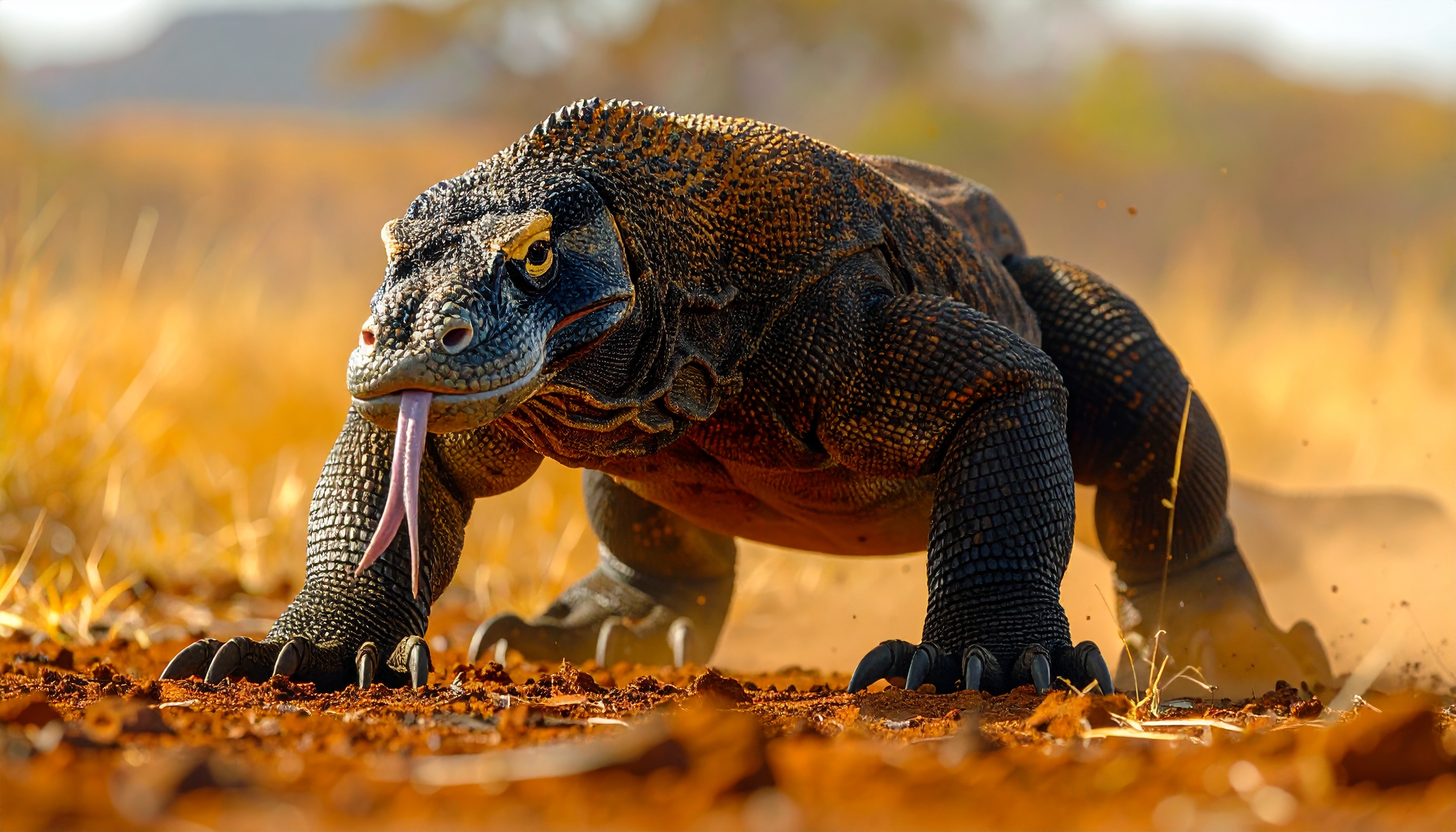 A Komodo dragon crawls through a sunlit, arid landscape