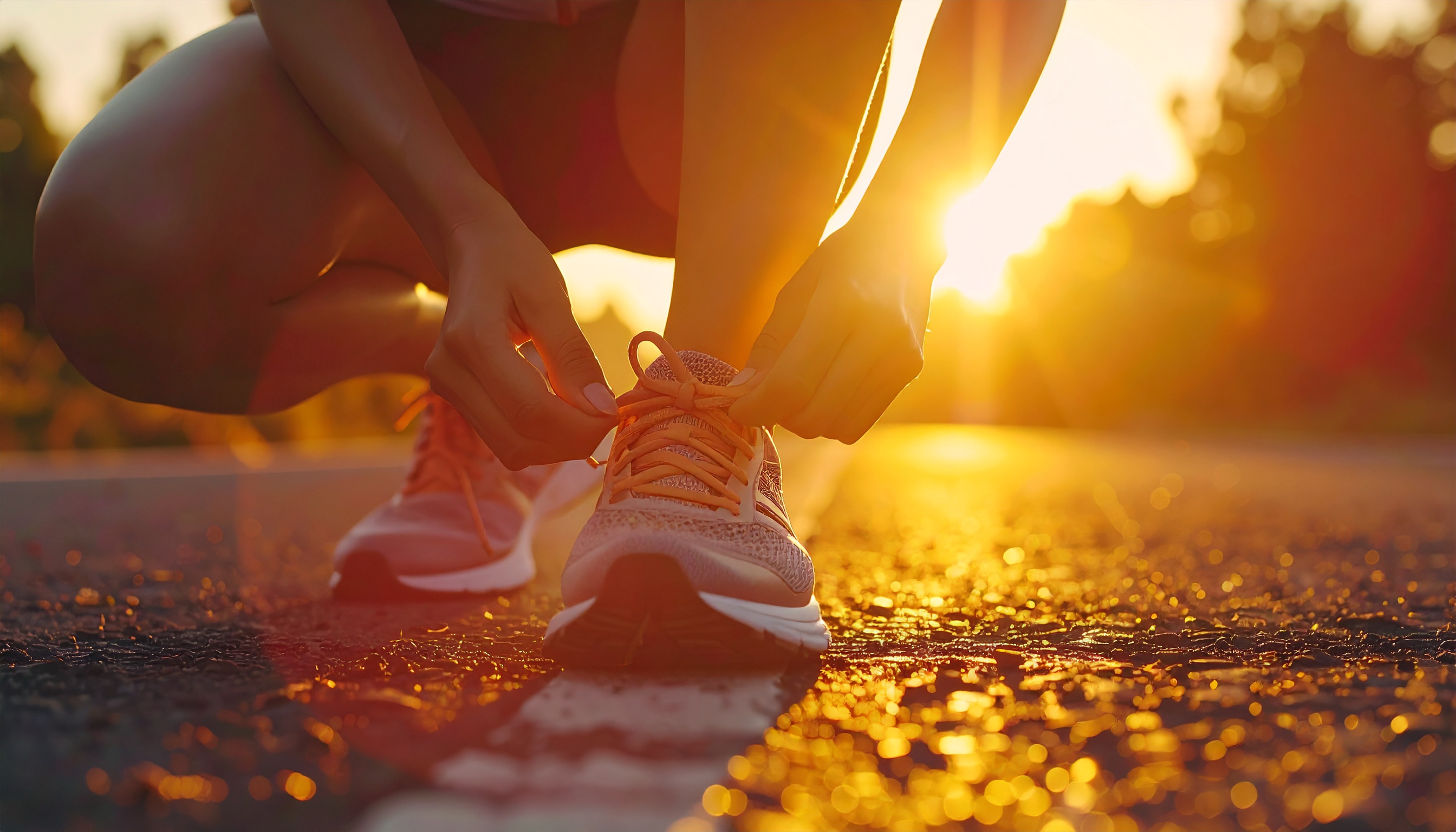 Runner Tying Shoes at Sunset on a Road