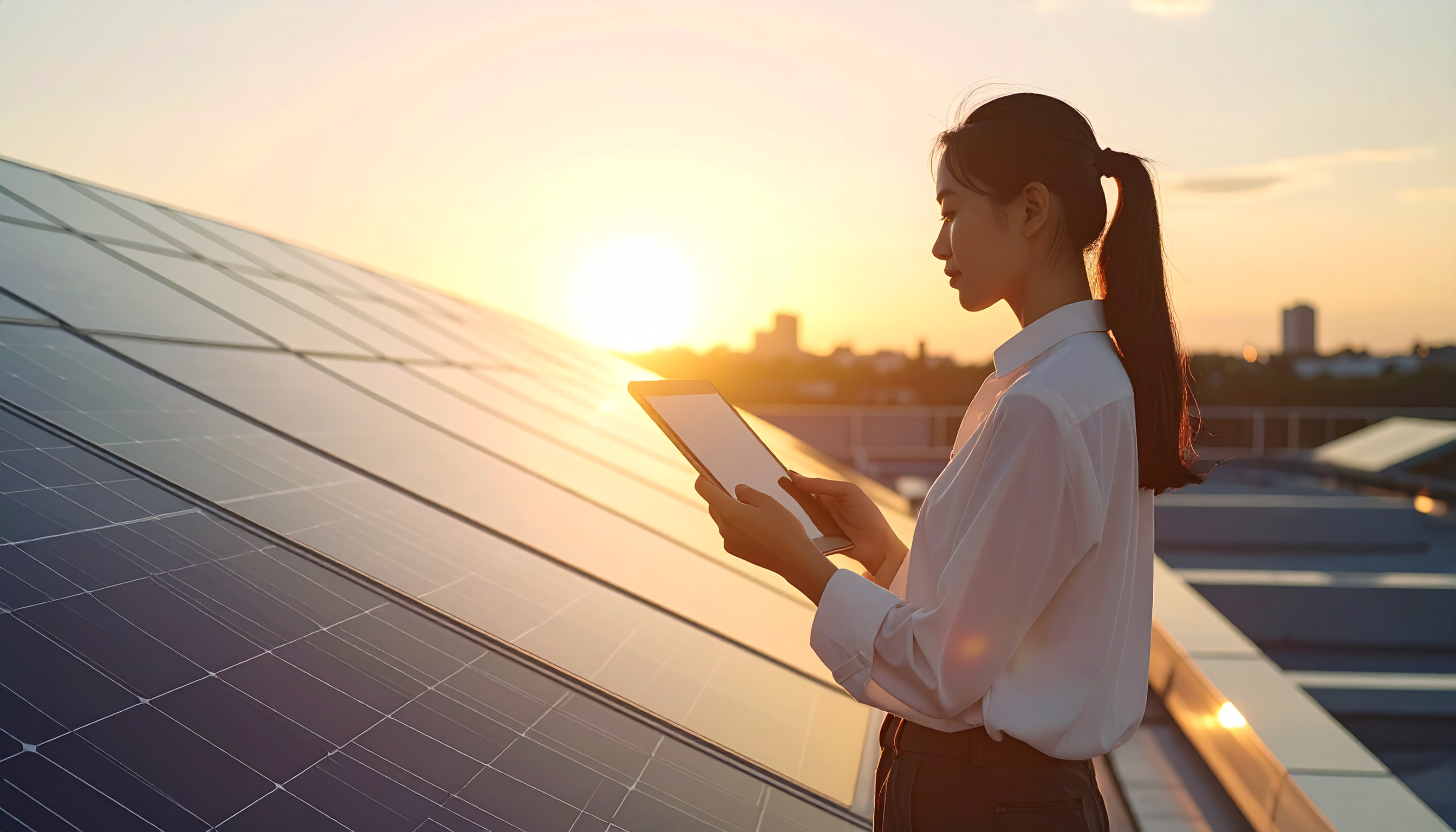 Mulher com tablet analisa painéis solares ao pôr do sol, simbolizando inovação em energia renovável com atmosfera serena e tecnologia sustentável.