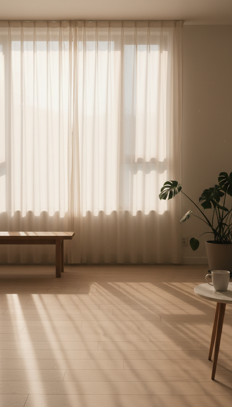 A serene living space with soft natural light filtering through sheer curtains