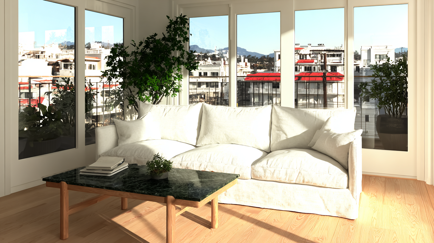 Sala de estar iluminada pelo sol com sofá branco espaçoso em primeiro plano, ao lado de uma mesa de centro de mármore escuro. Grandes janelas de vidro oferecem uma vista panorâmica da cidade com edifícios ao fundo. Plantas em vasos adicionam um toque de natureza ao espaço moderno e minimalista, destacando a combinação de conforto e estilo contemporâneo.