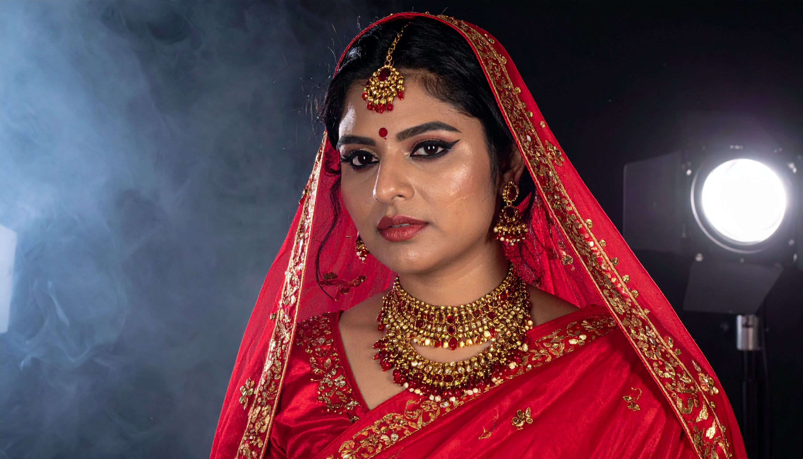 A woman elegantly dressed in traditional Indian bridal attire stands against a dark backdrop