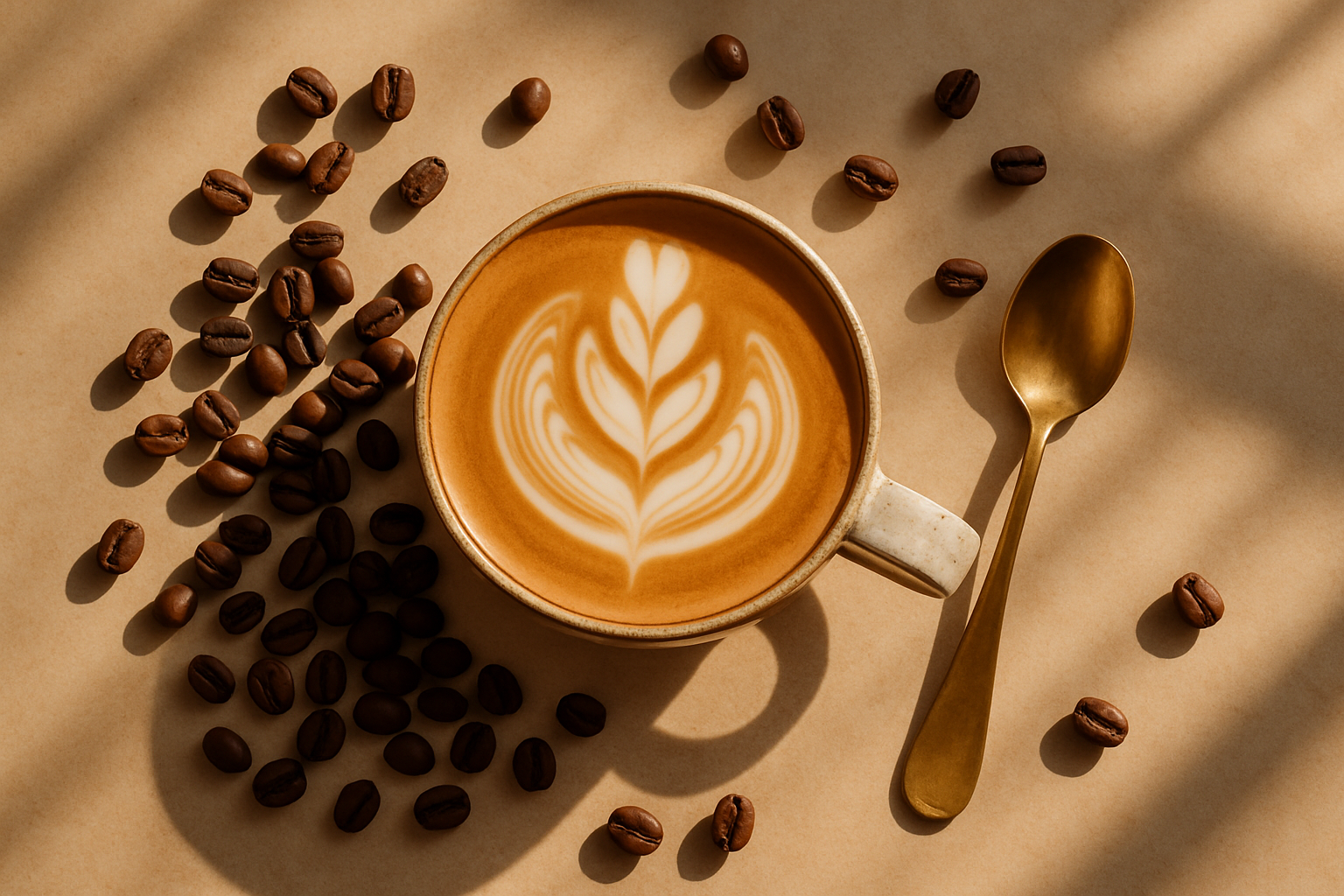 A beautifully crafted latte with intricate leaf art sits in a ceramic mug