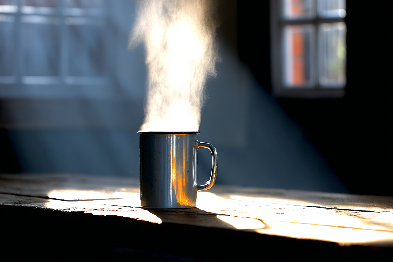 Caneca metálica fumegante sobre mesa de madeira com raios de luz incidindo através de uma janela, criando uma atmosfera aconchegante e serena. O vapor é destacado pela iluminação suave, enquanto sombras contrastam com o brilho metálico da caneca, enfatizando o ambiente rústico e calmo.