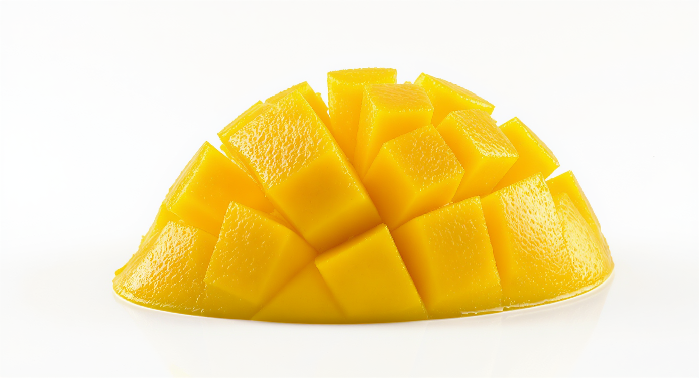 Sliced mango elegantly displayed in a half-circle on a white background