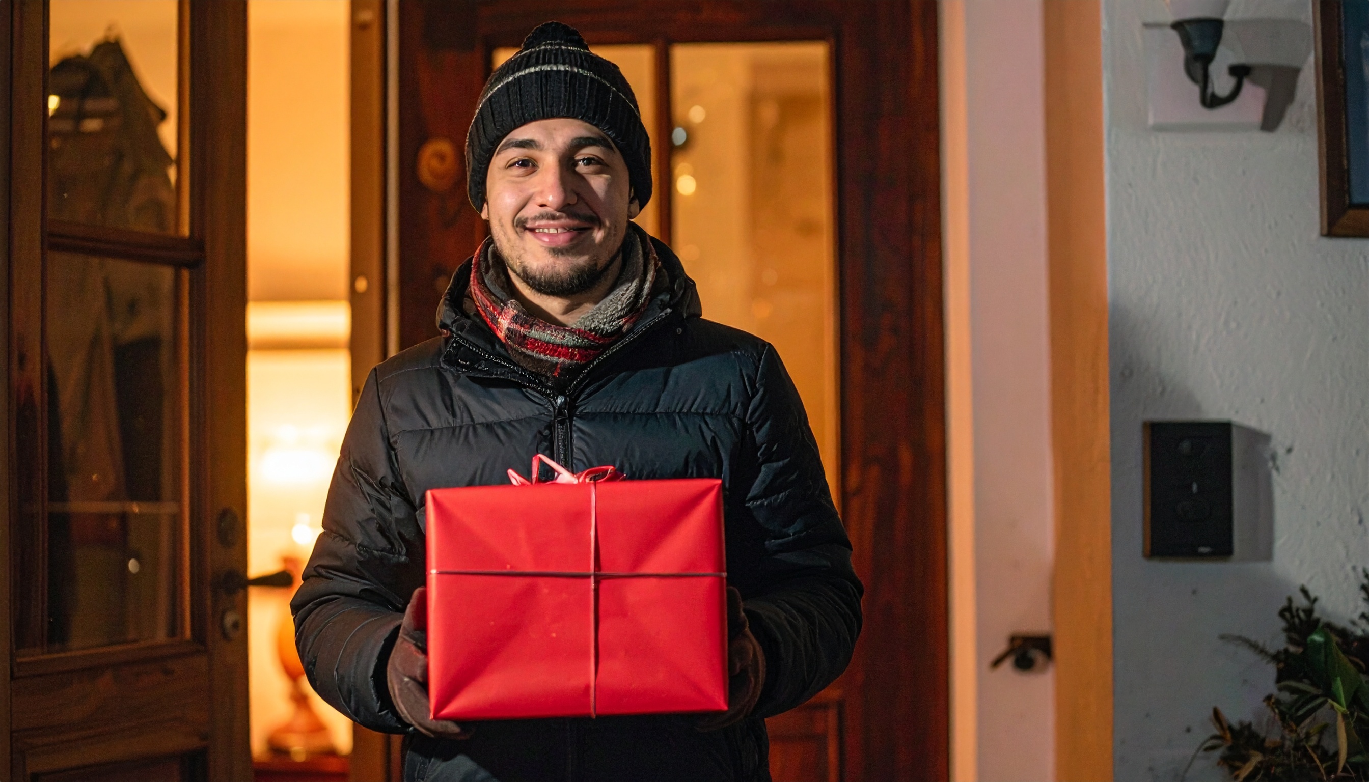 Homem sorridente de gorro e cachecol segura presente vermelho em frente a porta de madeira, transmitindo calor humano e alegria natalina em ambiente acolhedor e iluminado.