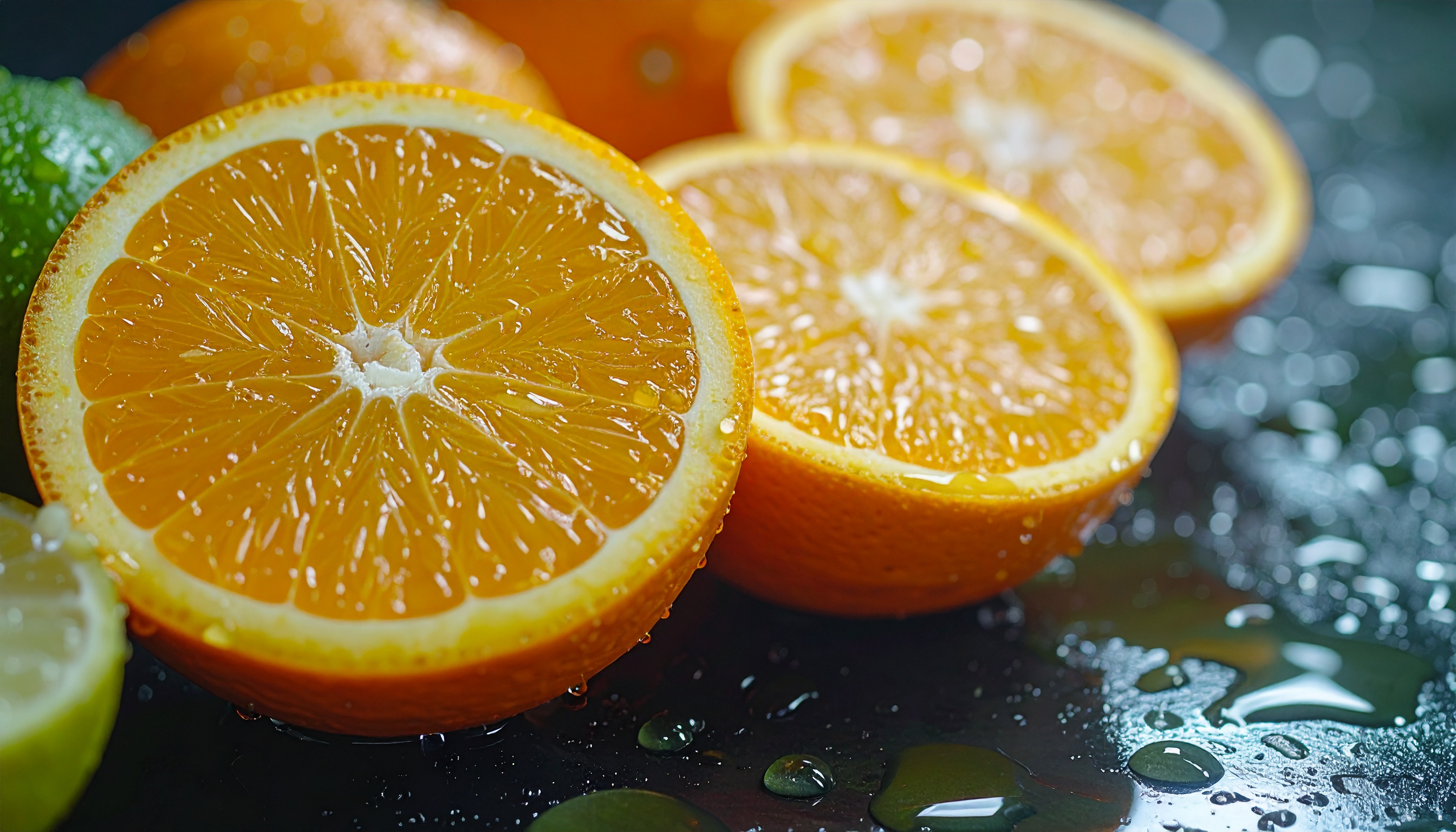 Fatias de laranja e limão com cores vibrantes laranja e verde sobre superfície molhada, iluminação suave destacando texturas suculentas e reflexos brilhantes.