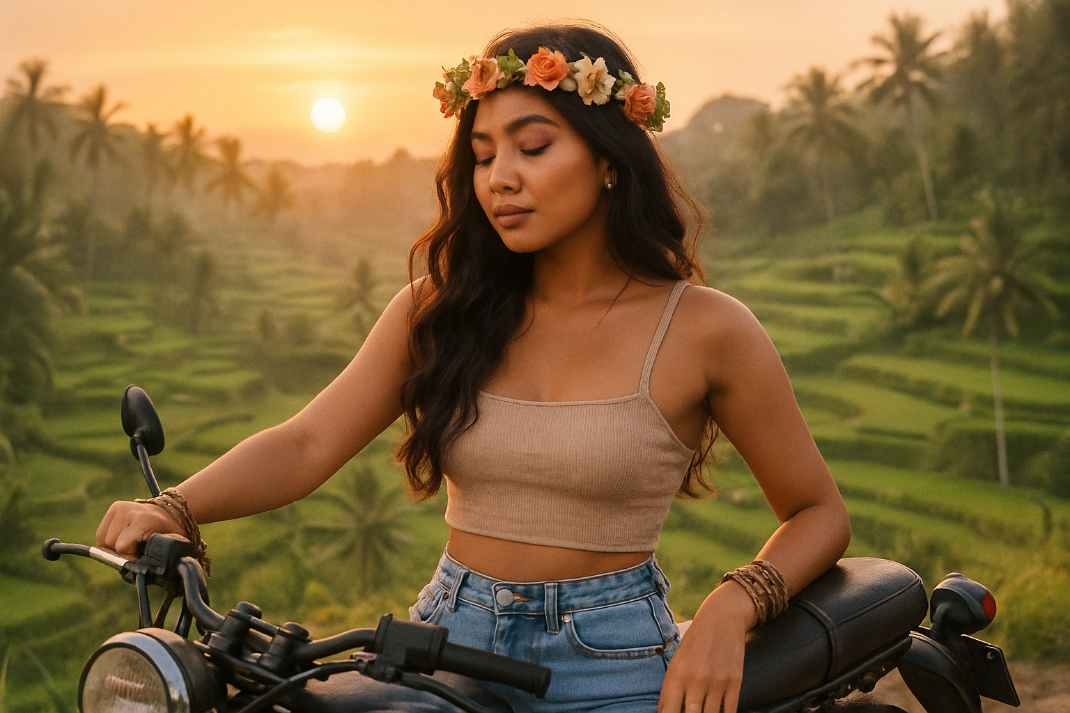 A serene scene captures a woman with a floral crown sitting on a motorcycle against
