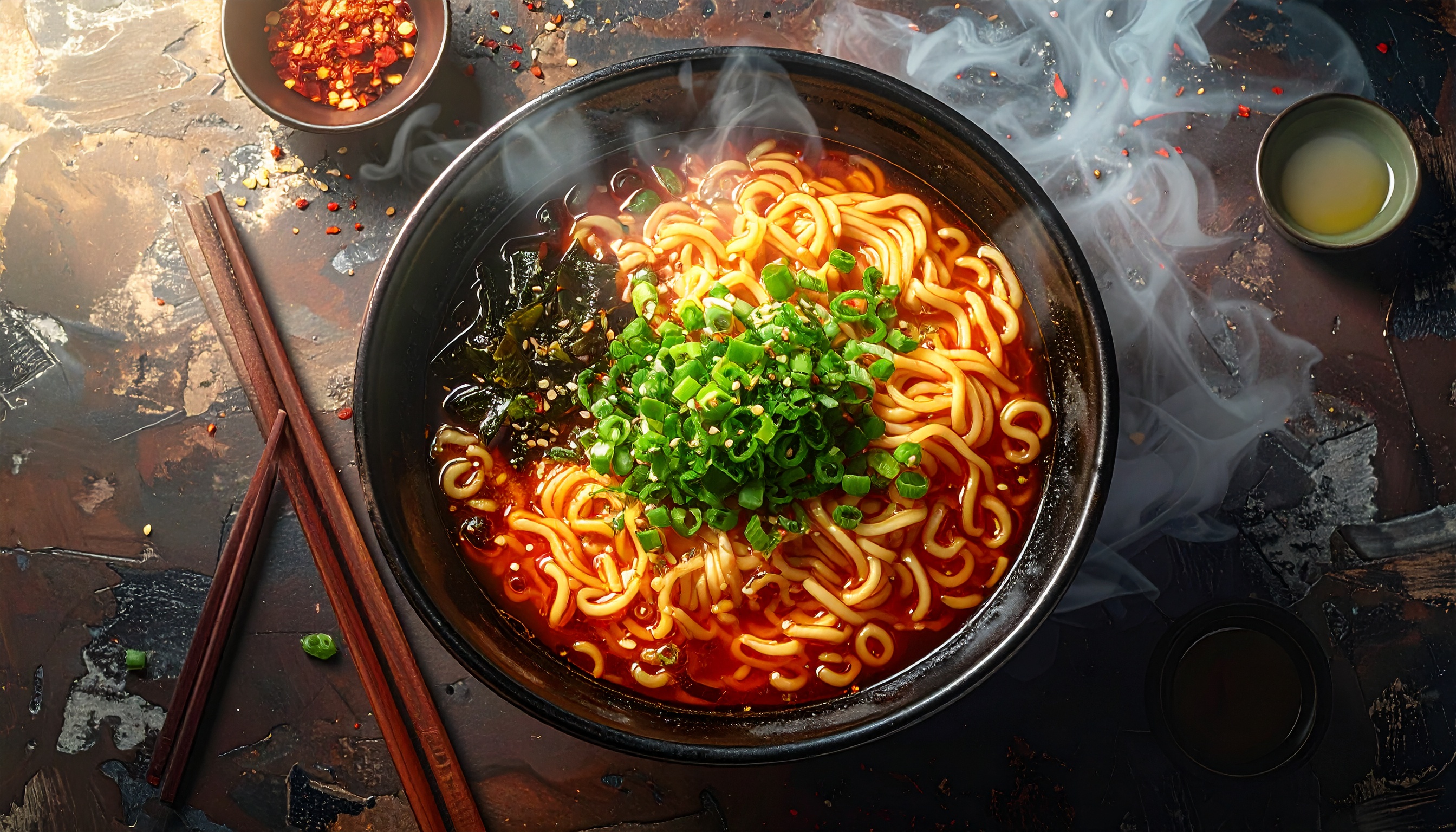 A steaming bowl of spicy ramen garnished with fresh green onions and seaweed sits on