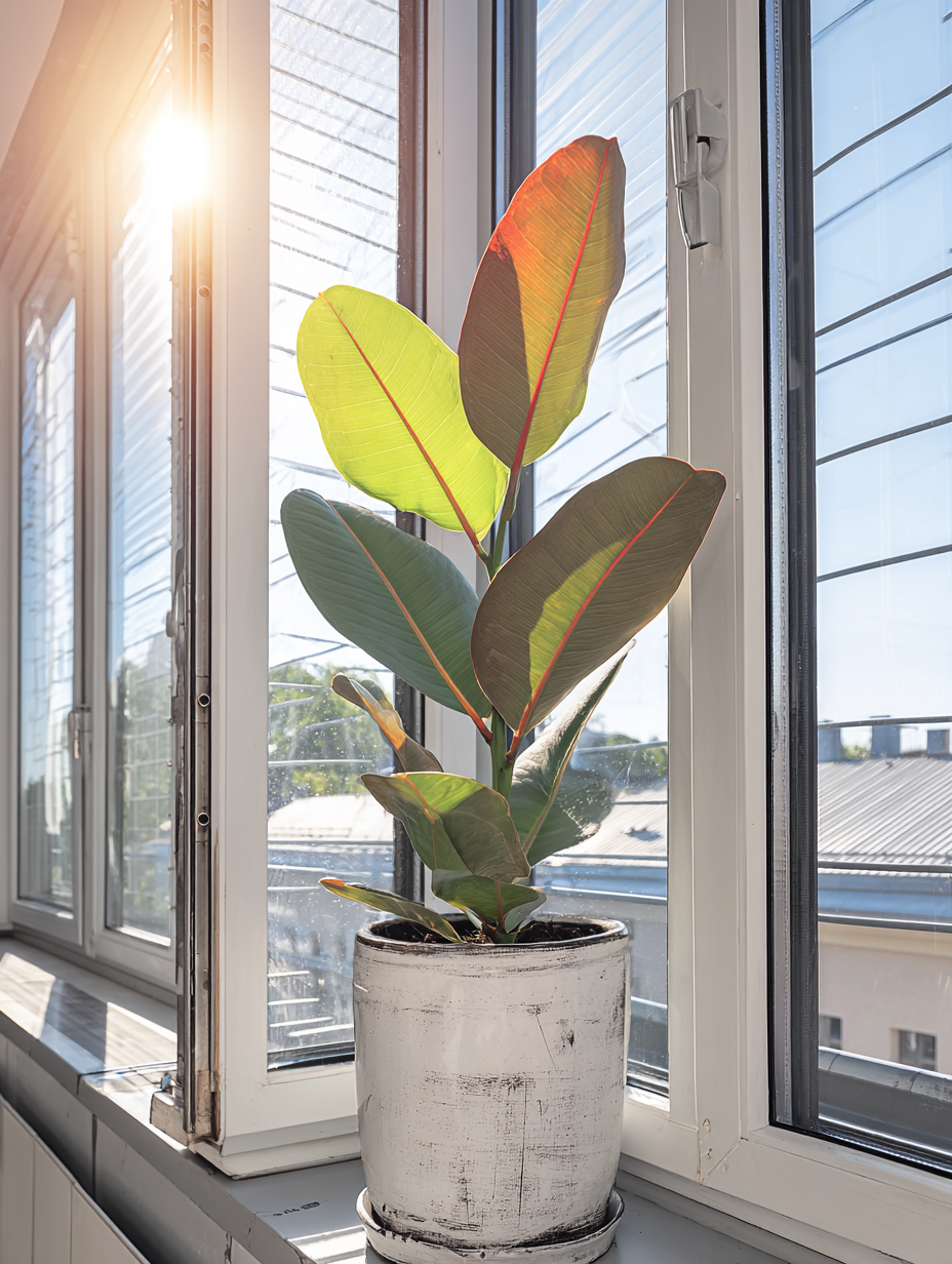 Planta com folhas largas em vaso rústico branco sobre peitoril de janela, iluminada por luz solar direta. A composição é minimalista e destaca o contraste entre o verde das folhas e a textura áspera do vaso. O fundo mostra um céu azul suave e linhas arquitetônicas pela janela, criando um ambiente sereno e natural.
