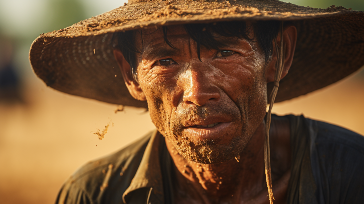Retrato de um trabalhador rural com um chapéu de palha, exibindo expressões de esforço e resiliência, em um ambiente de campo com terra e poeira ao fundo.