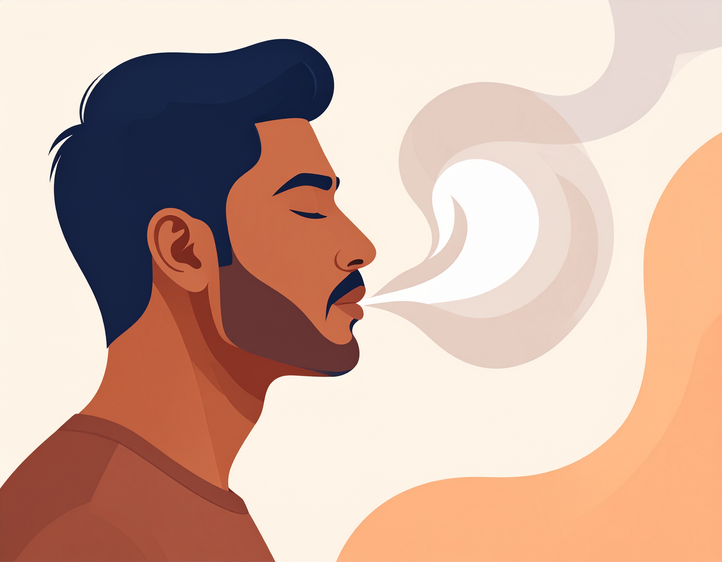 A stylized illustration shows a man exhaling smoke or vapor