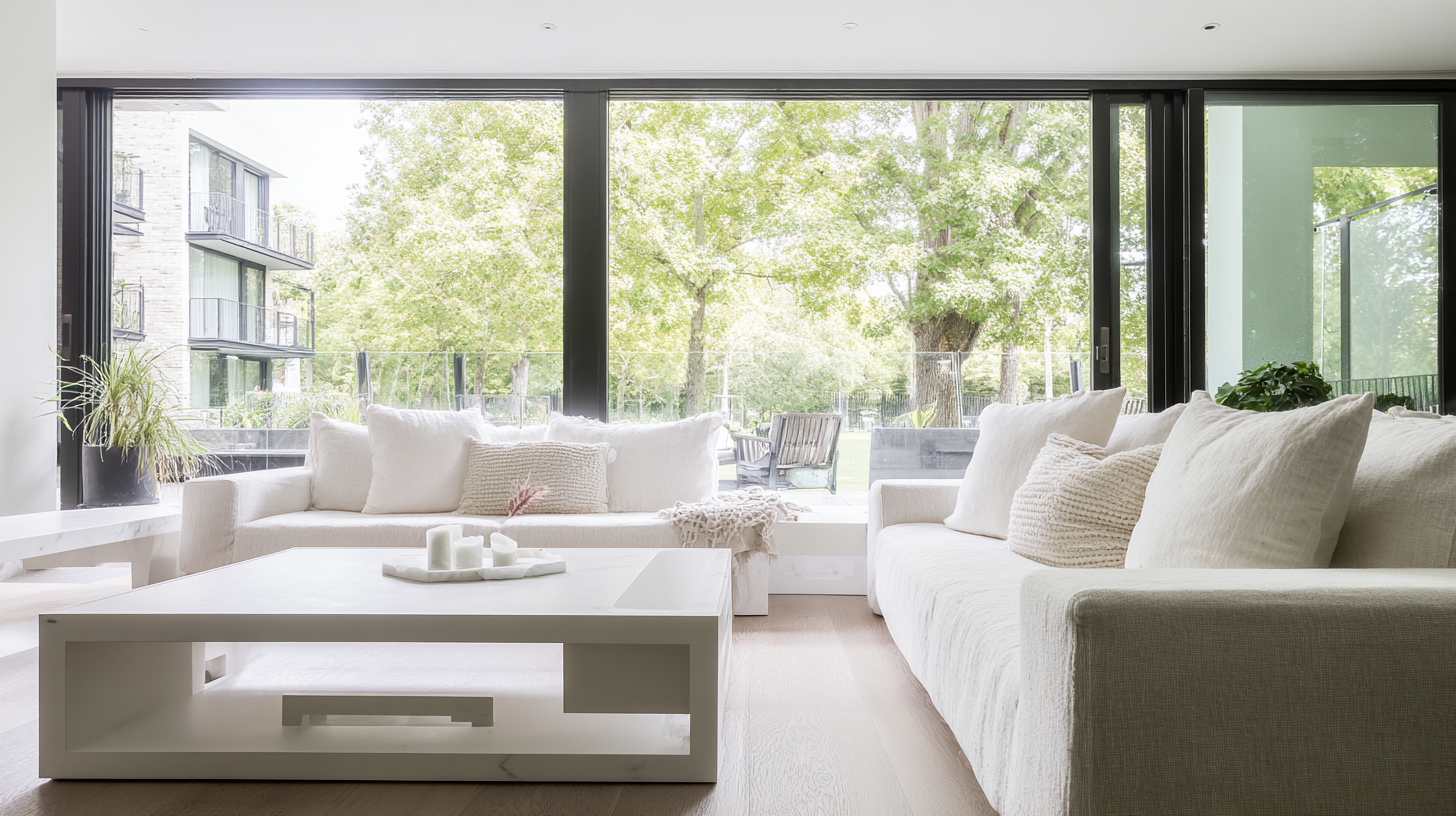 Sala de estar iluminada e minimalista com sofás brancos e grandes janelas de vidro, oferecendo vista para um jardim exuberante em dia ensolarado, transmitindo calma e sofisticação.