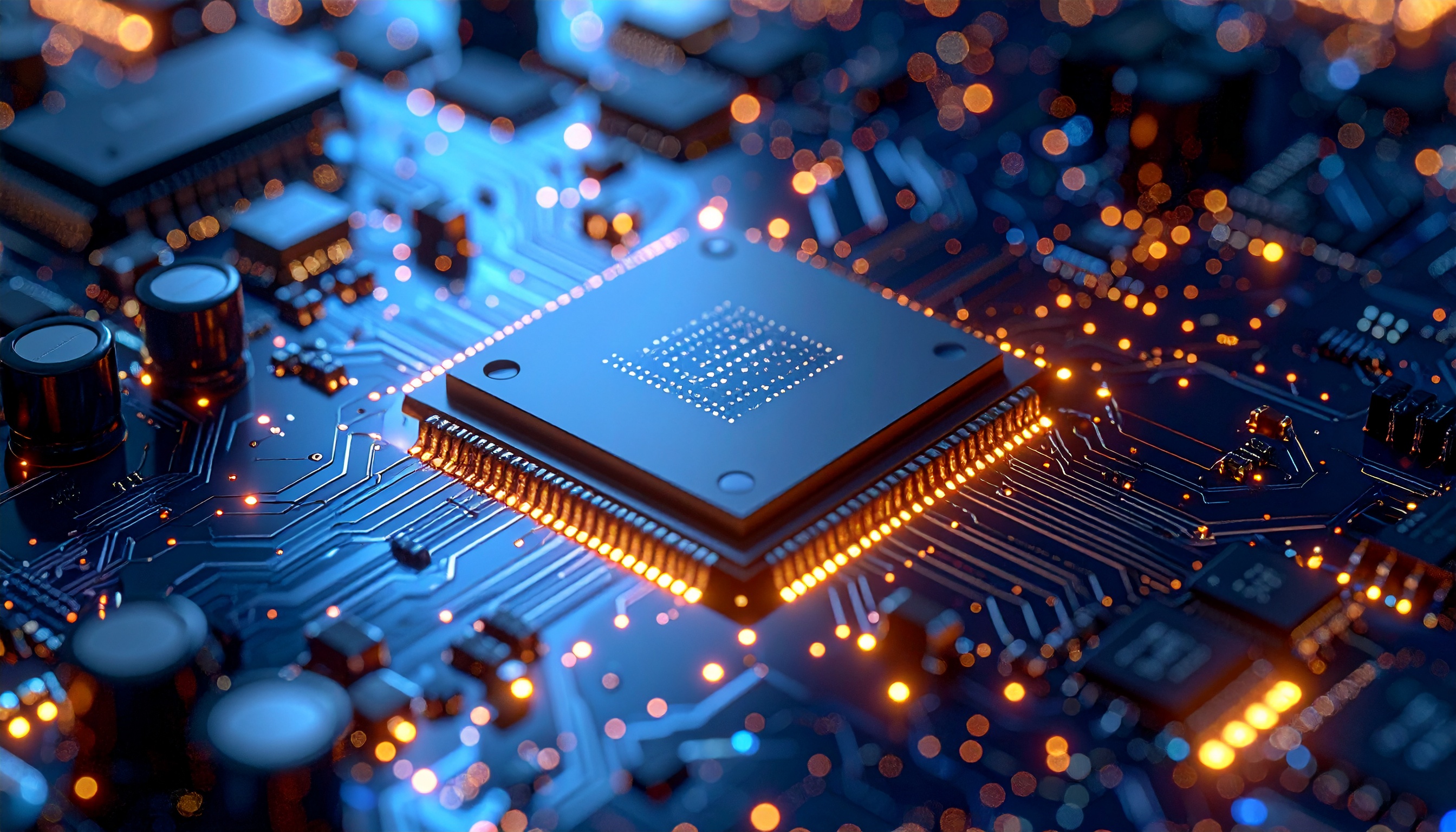 Imagem detalhada de um microchip em uma placa de circuito impresso, destacando conexões e trilhas iluminadas por luzes laranja e azul, criando um efeito futurista e tecnológico com foco seletivo e composição macro.
