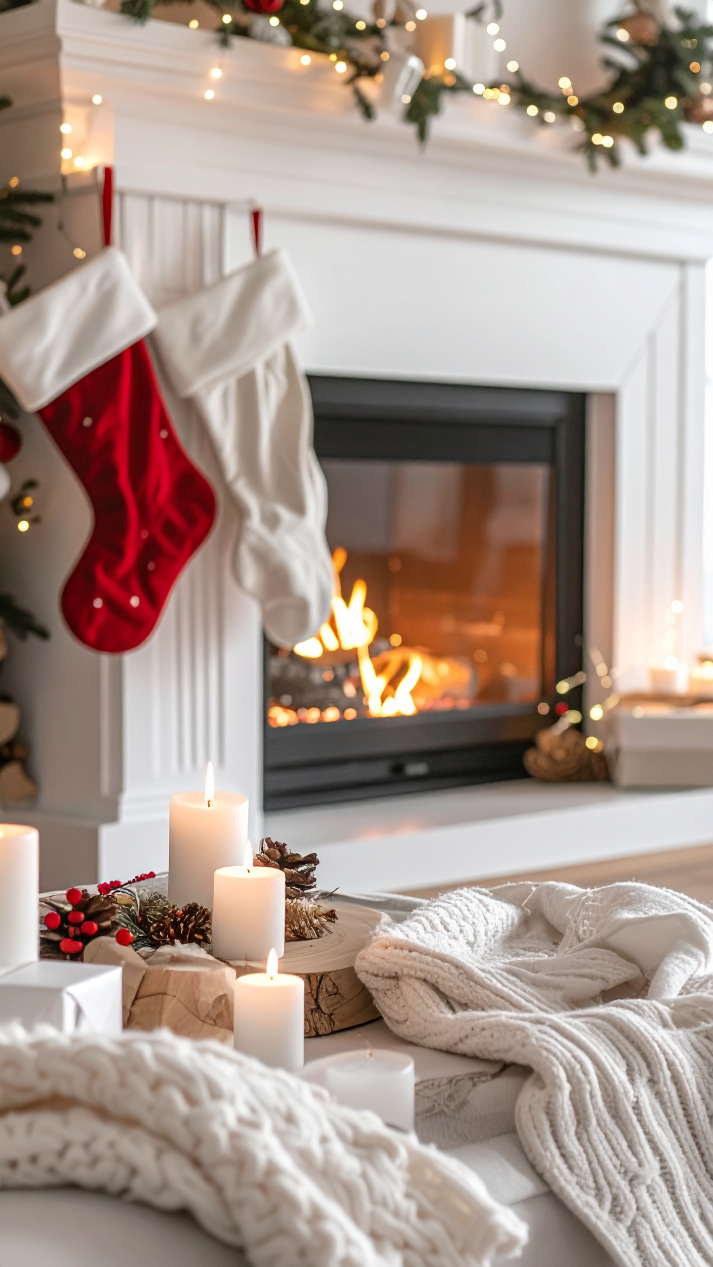 Christmas Living Room Decor with Stockings and Cozy Fireplace
