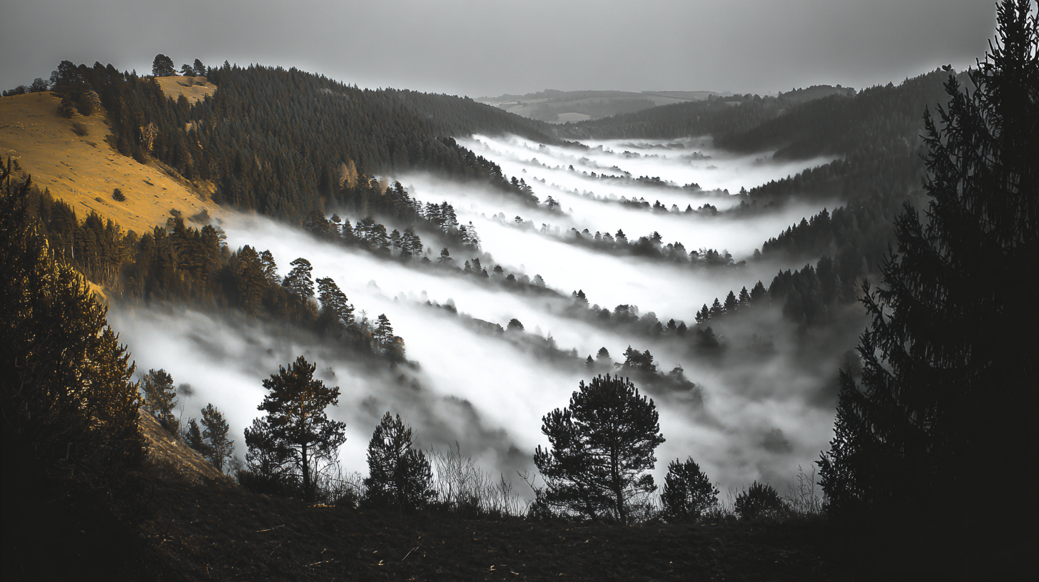 Paisagem montanhosa coberta por densas camadas de névoa, entre florestas de pinheiros e colinas suaves. A luz suave cria um contraste marcante entre as árvores escuras e o nevoeiro branco, adicionando um efeito etéreo e sereno à cena. A composição em perspectiva amplia a profundidade, destacando as linhas sinuosas da névoa que percorrem o vale ao longo do horizonte.