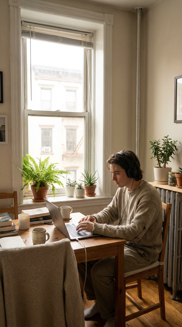 A person works at a wooden table with a laptop and headphones
