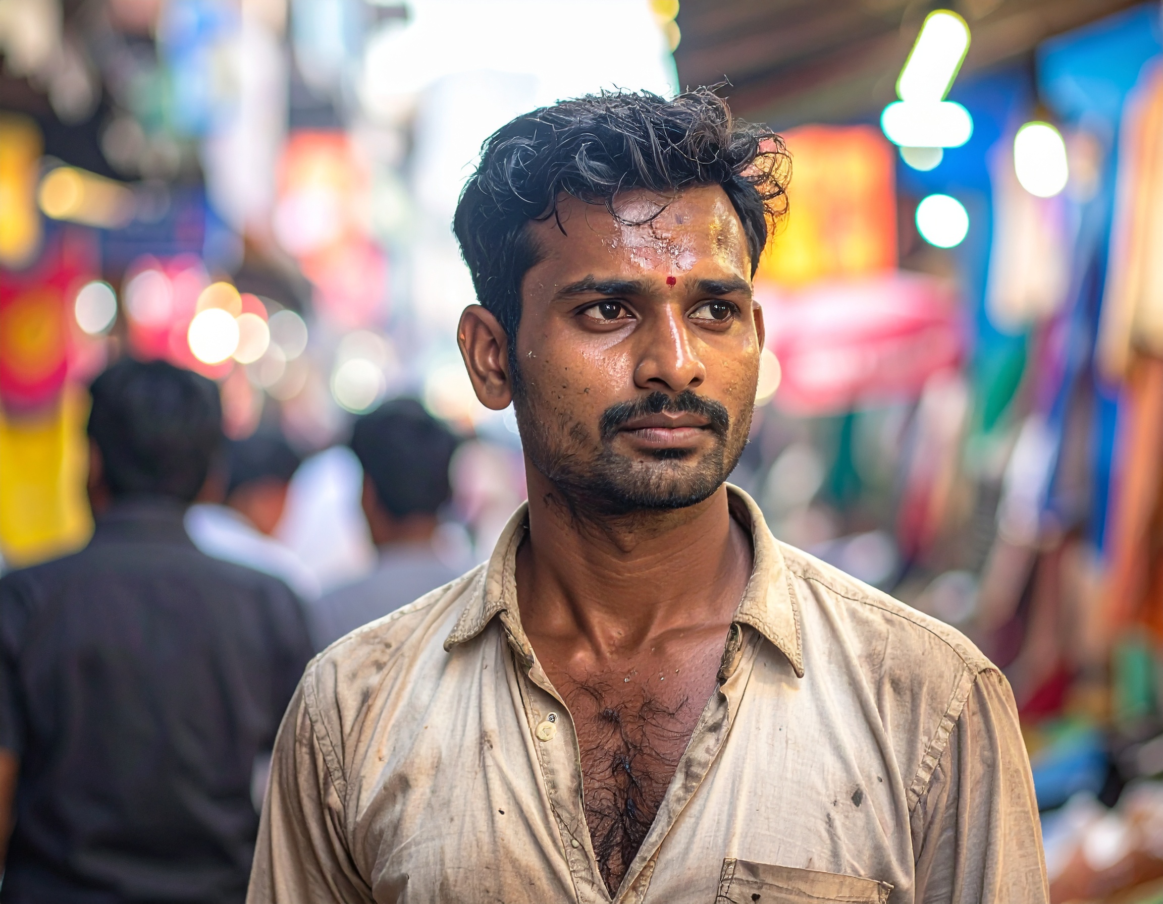 A man stands in a bustling market with vibrant colors in the background