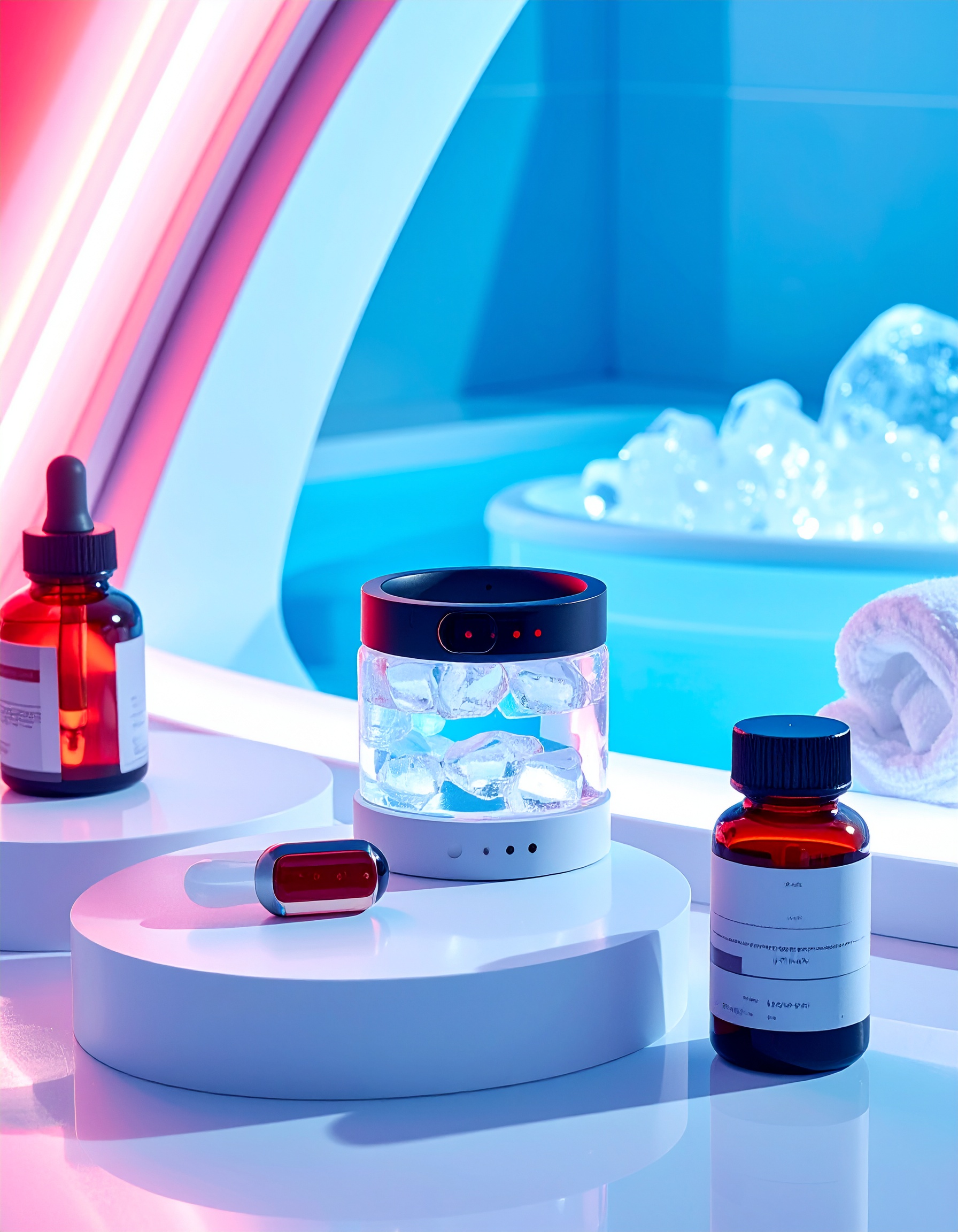 A sleek modern aroma diffuser sits on a glossy white surface surrounded by essential oils