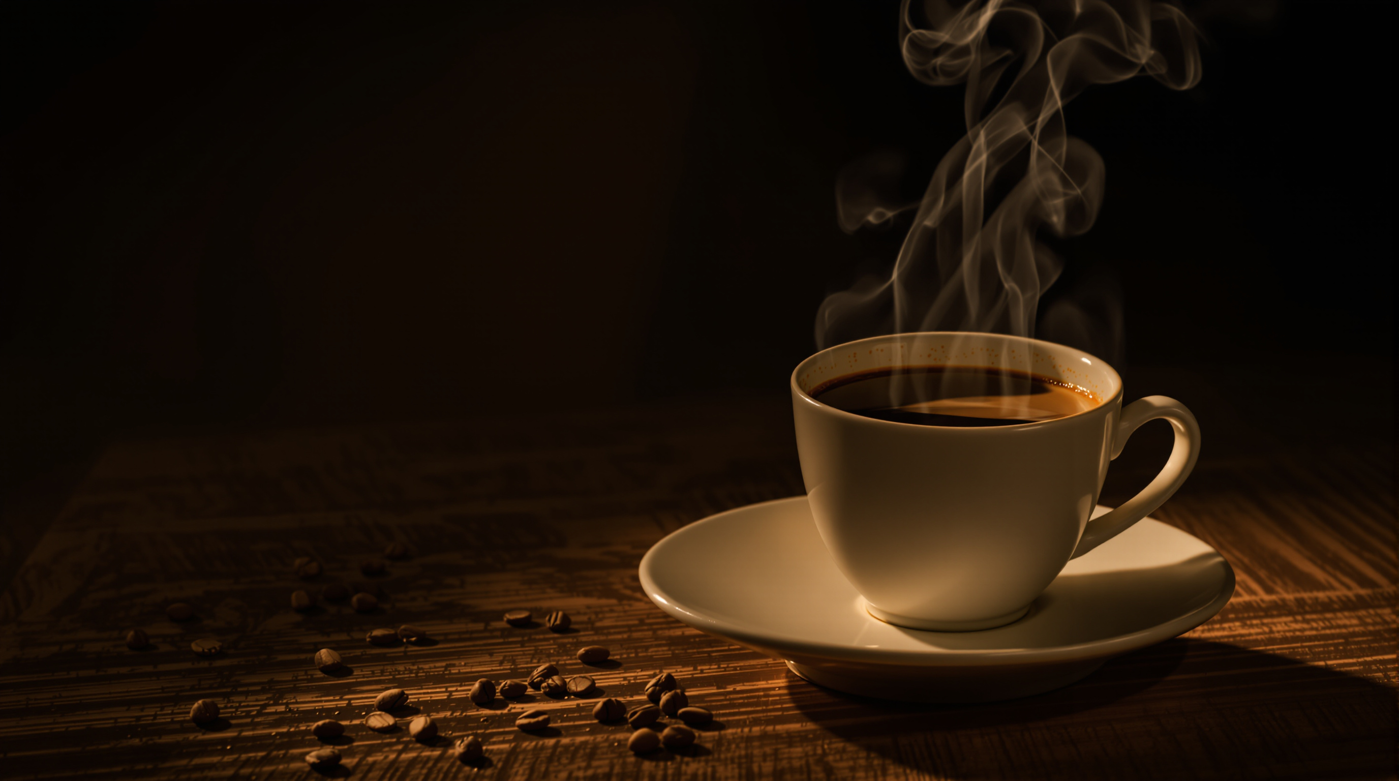 Steaming cup of coffee on a wooden table exudes warmth and comfort