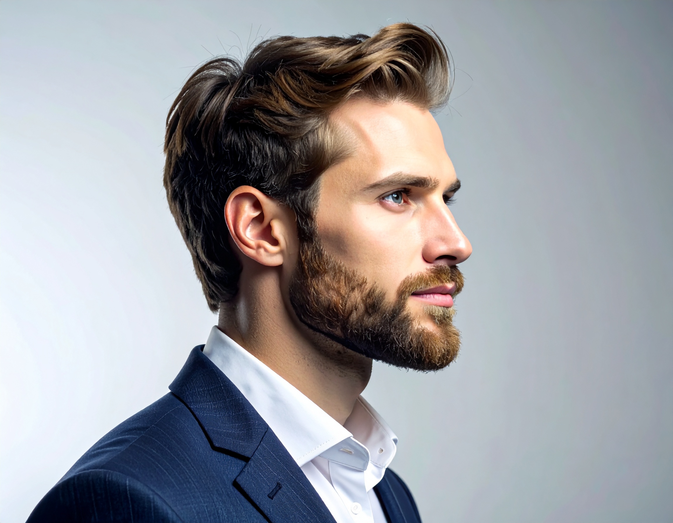 Retrato de perfil de um homem elegante com cabelo castanho bem arrumado e barba, vestindo um terno azul escuro e camisa branca, iluminação suave destacando os contornos faciais, fundo neutro e foco nítido no rosto, criando uma atmosfera profissional e sofisticada.