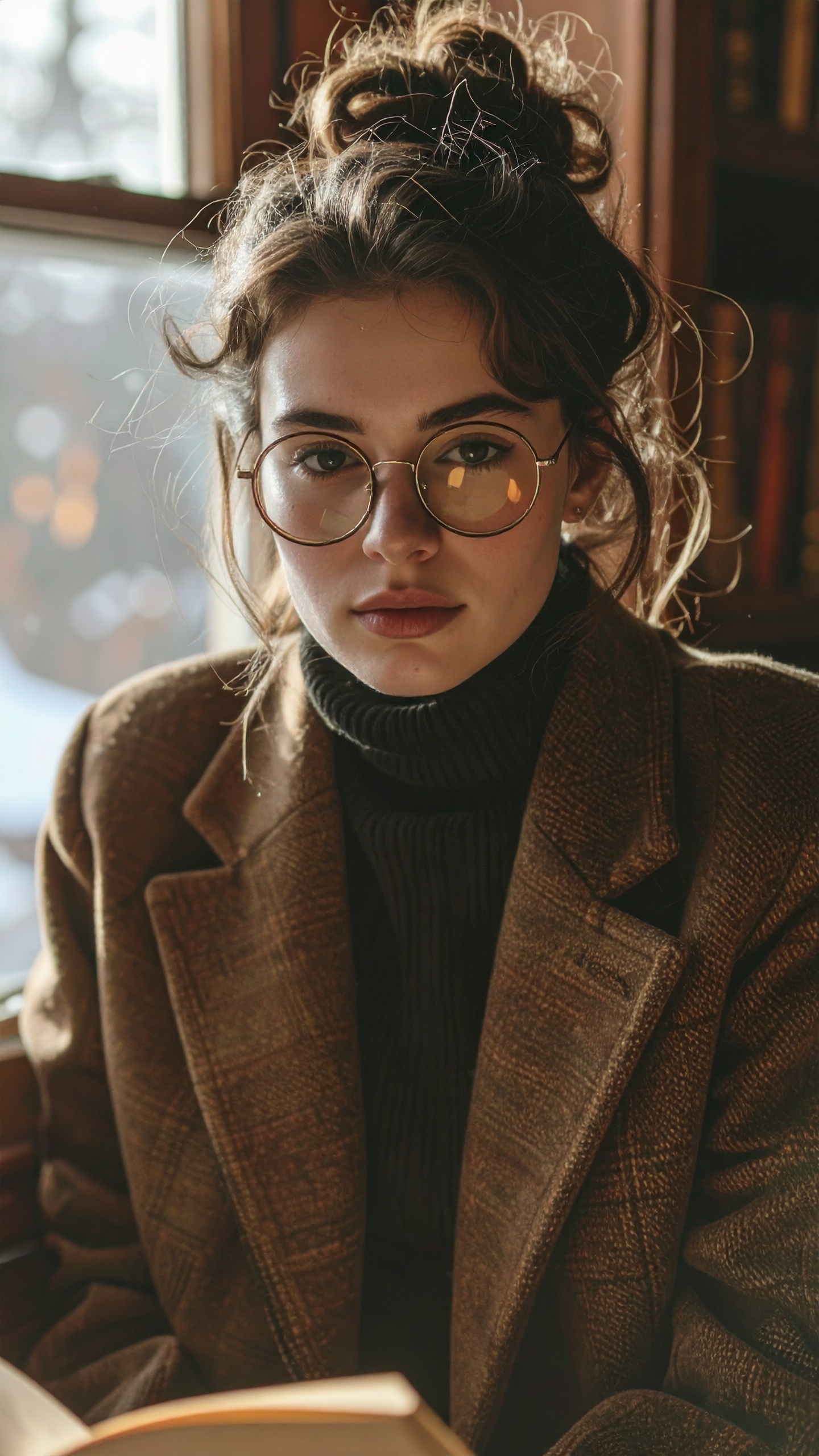 A young woman with glasses sits in a cozy, well-lit room